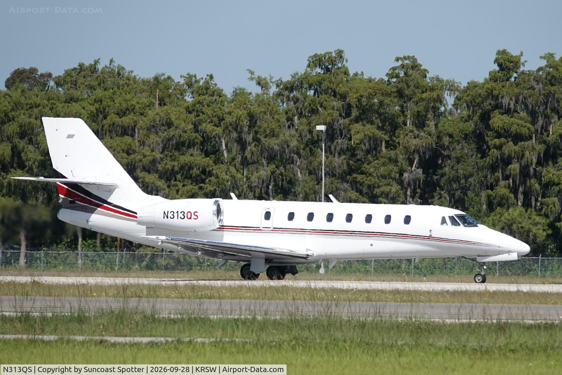 Aircraft N313QS, 2007 Cessna 680 Citation Sovereign, c/n 680-0140, Execjet 313 departs Southwest Florida International Airport enroute to Spirit of St Louis Airport, at KRSW, photo by Suncoast Spotter