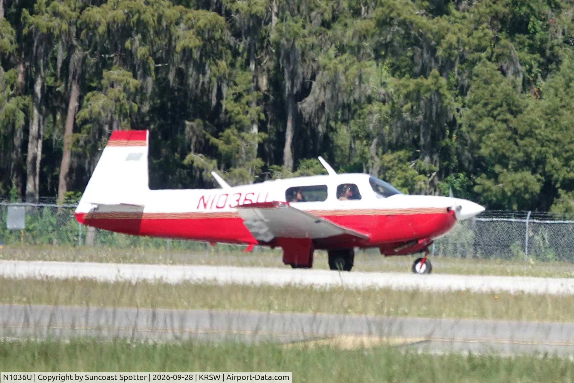 Aircraft N1036U, 1996 Mooney M20J 201, c/n 24-3386, Mooney 1036U departs Southwest Florida International Airport enroute to Nashville John C Tune Airport, at KRSW, photo by Suncoast Spotter