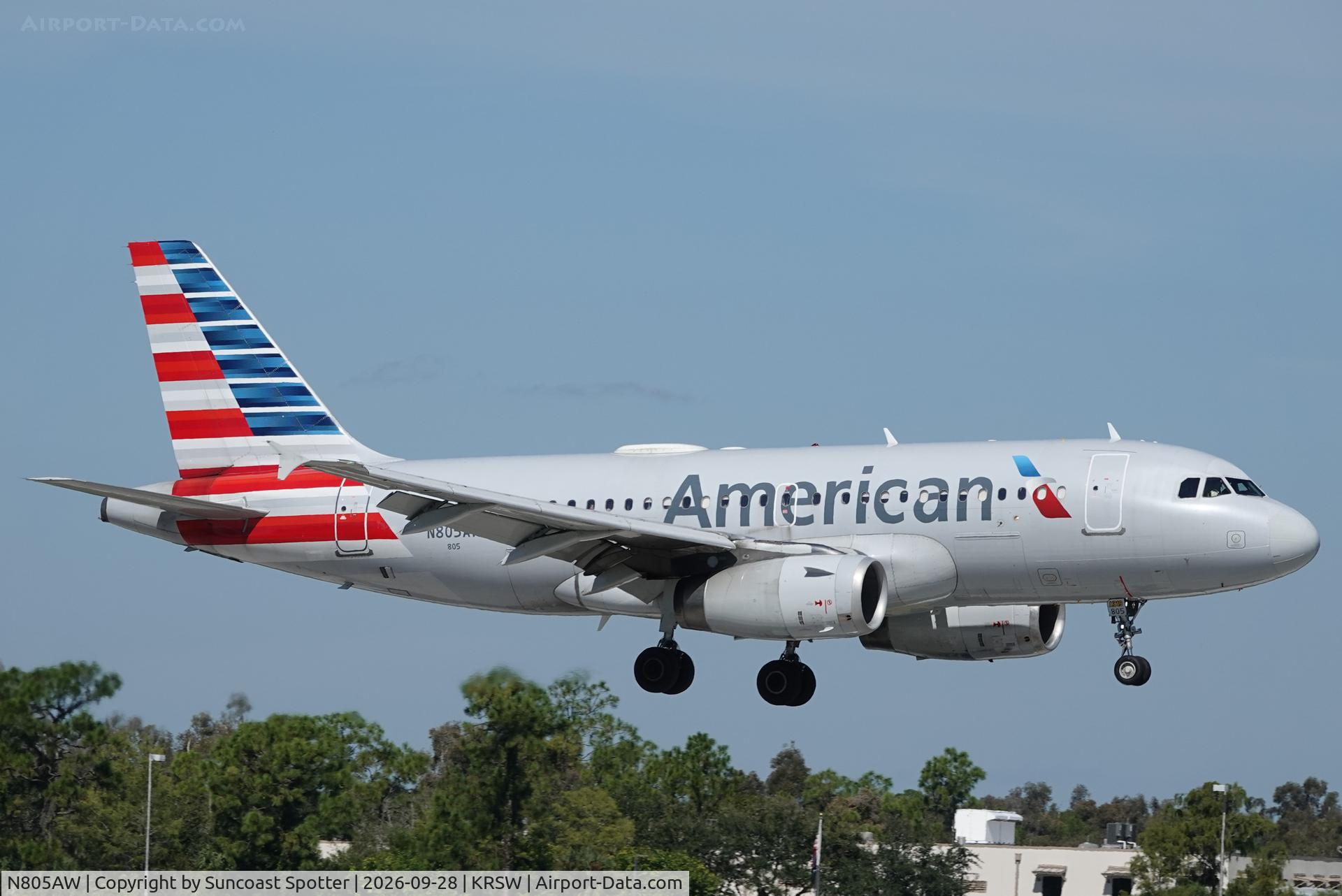 Aircraft N805AW, 1999 Airbus A319-132, c/n 1049, American 2916 arrives at Southwest Florida International Airport following flight from Reagan National Airport, at KRSW, photo by Suncoast Spotter