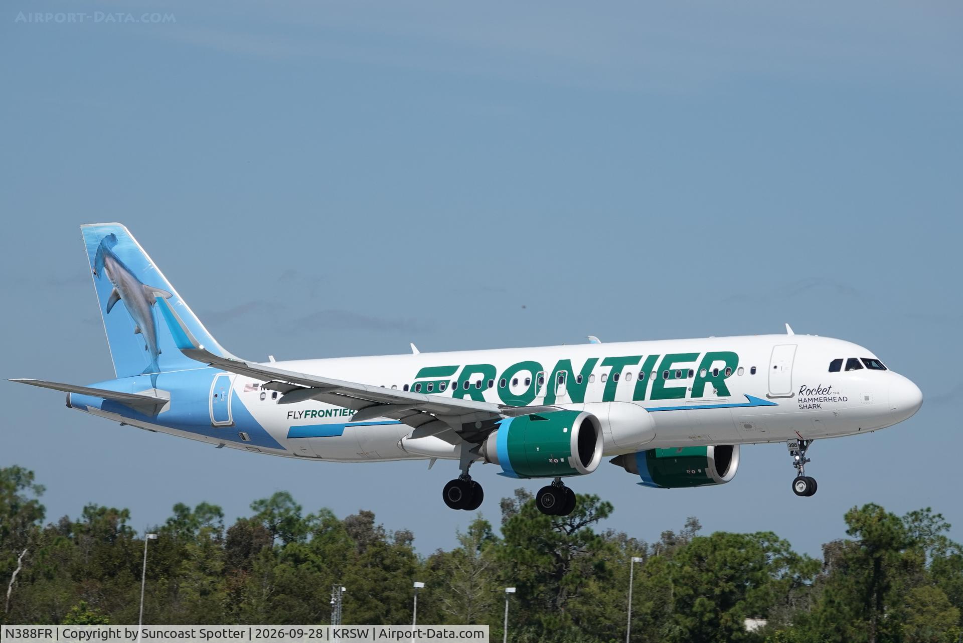 Aircraft N388FR, 2022 Airbus A320-251N, c/n 10768, Frontier 1577 arrives at Southwest Florida International Airport following flight from Philadelphia International Airport, at KRSW, photo by Suncoast Spotter