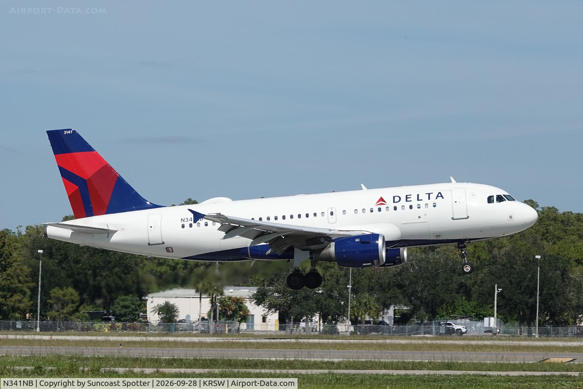 Aircraft N341NB, 2002 Airbus A319-114, c/n 1738, Delta 2320 arrives at Southwest Florida International Airport following flight from John F Kennedy International Airport, at KRSW, photo by Suncoast Spotter