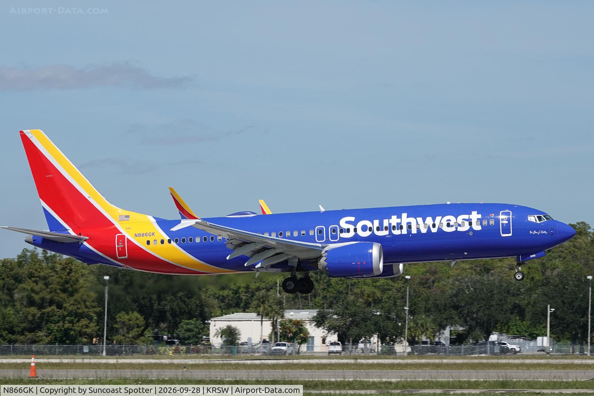 Aircraft N866GK, 2026 Boeing 737 MAX 8, c/n 36978 l/n 9536, Southwest 1405 arrives at Southwest Florida International Airport following flight from Orlando International Airport, at KRSW, photo by Suncoast Spotter