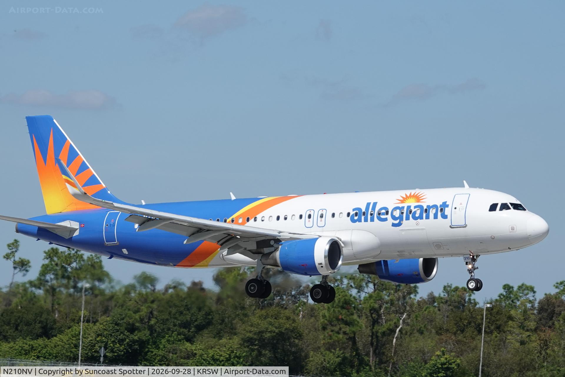 Aircraft N210NV, 2013 Airbus A320-214, c/n 5540, Allegiant 3183 arrives at Southwest Florida International Airport following flight from Appleton International Airport, at KRSW, photo by Suncoast Spotter