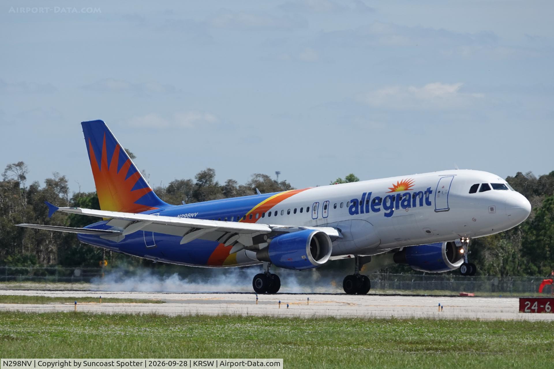 Aircraft N298NV, 2006 Airbus A320-214, c/n 2800, Allegiant 472 arrives at Southwest Florida International Airport following flight from Des Moines International Airport, at KRSW, photo by Suncoast Spotter