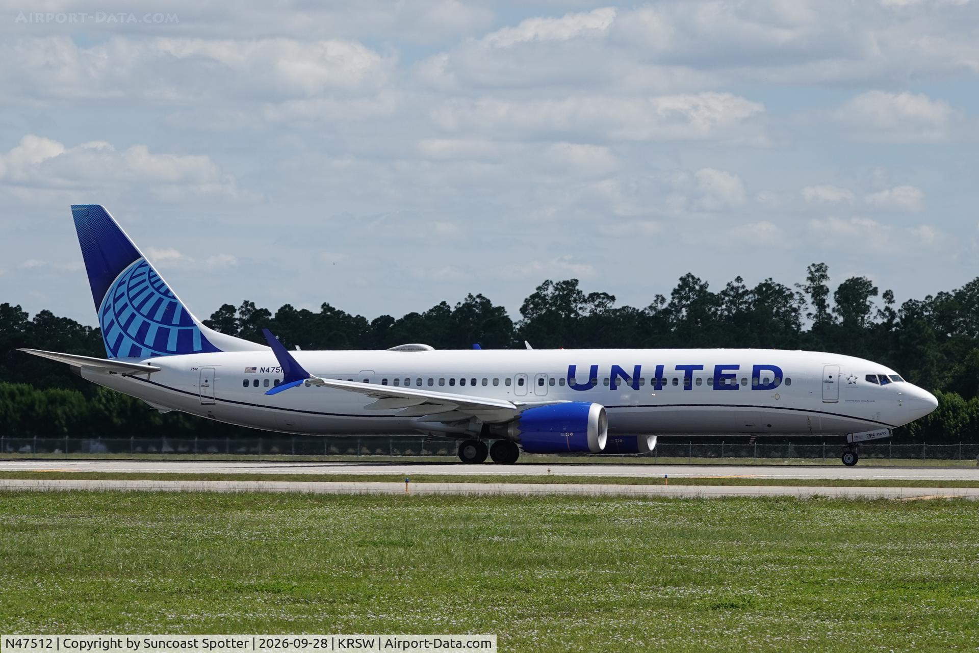 Aircraft N47512, 2019 Boeing 737-9 MAX, c/n 43449 l/n 7361, United 2472 departs Southwest Florida International Airport enroute to Chicago-O’Hare International Airport, at KRSW, photo by Suncoast Spotter