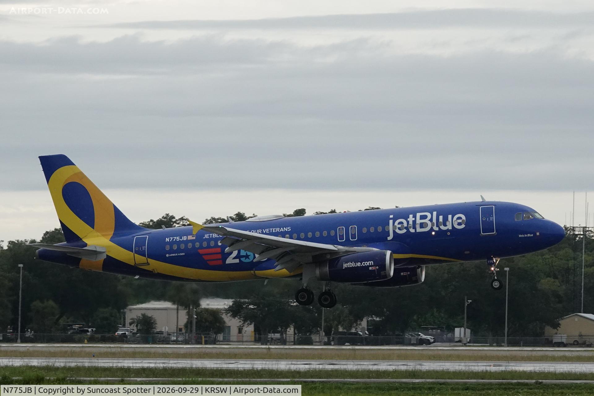 Aircraft N775JB, 2009 Airbus A320-232, c/n 3800, JetBlue 1551 arrives at Southwest Florida International Airport following flight from Westchester County Airport, at KRSW, photo by Suncoast Spotter