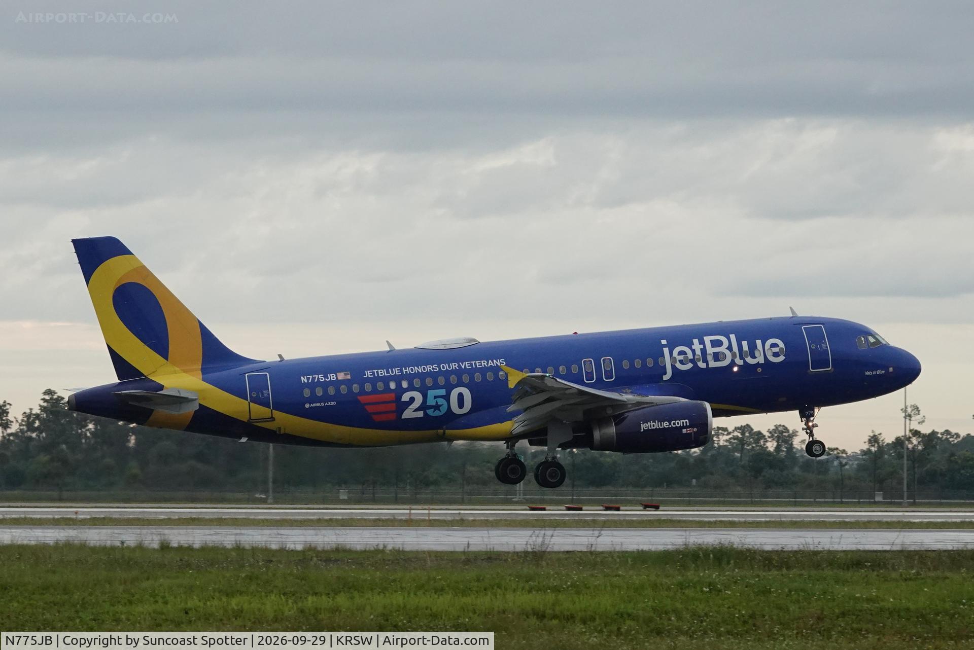 Aircraft N775JB, 2009 Airbus A320-232, c/n 3800, JetBlue 1551 arrives at Southwest Florida International Airport following flight from Westchester County Airport, at KRSW, photo by Suncoast Spotter