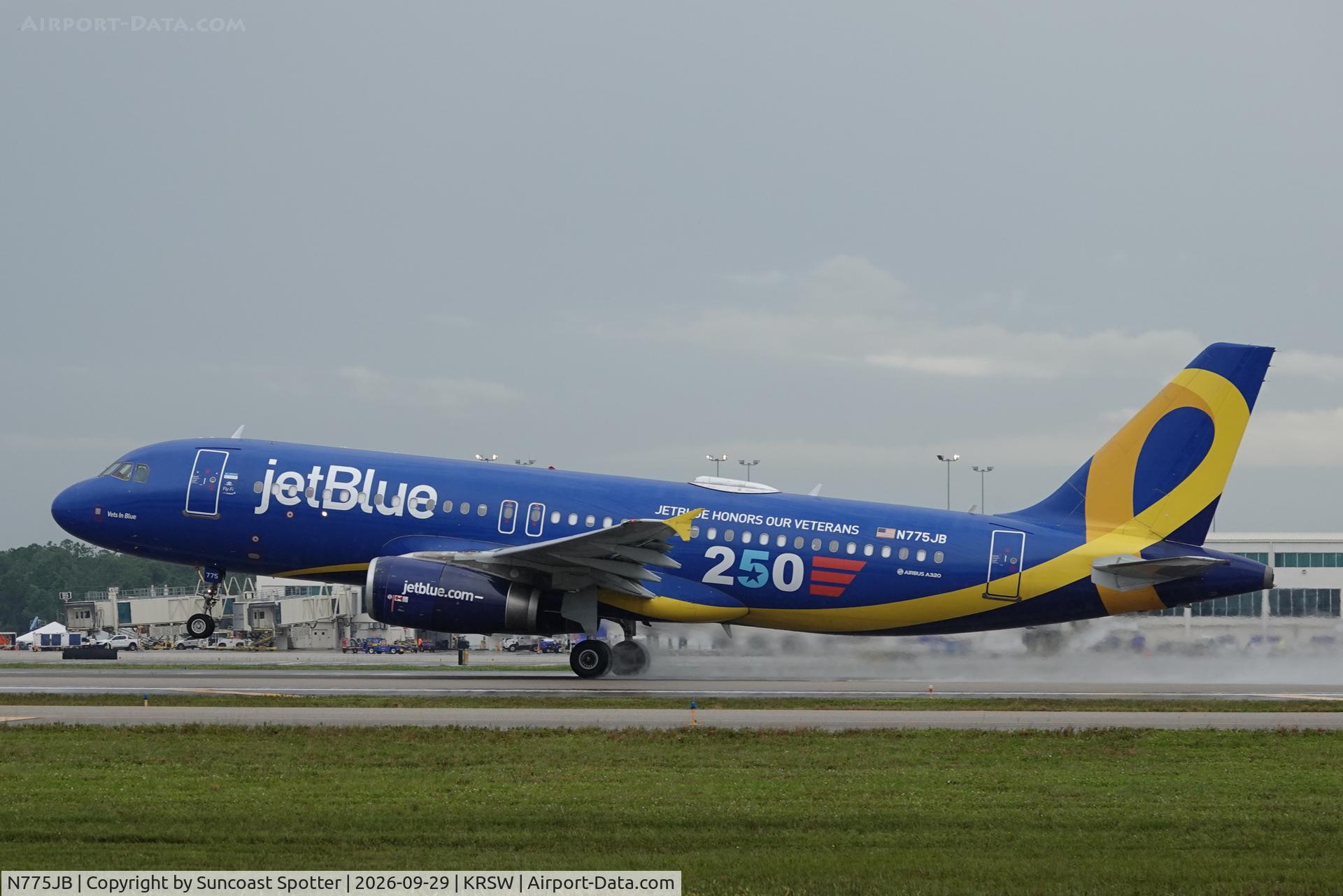 Aircraft N775JB, 2009 Airbus A320-232, c/n 3800, JetBlue 1552 departs Southwest Florida International Airport enroute to Westchester County Airport, at KRSW, photo by Suncoast Spotter