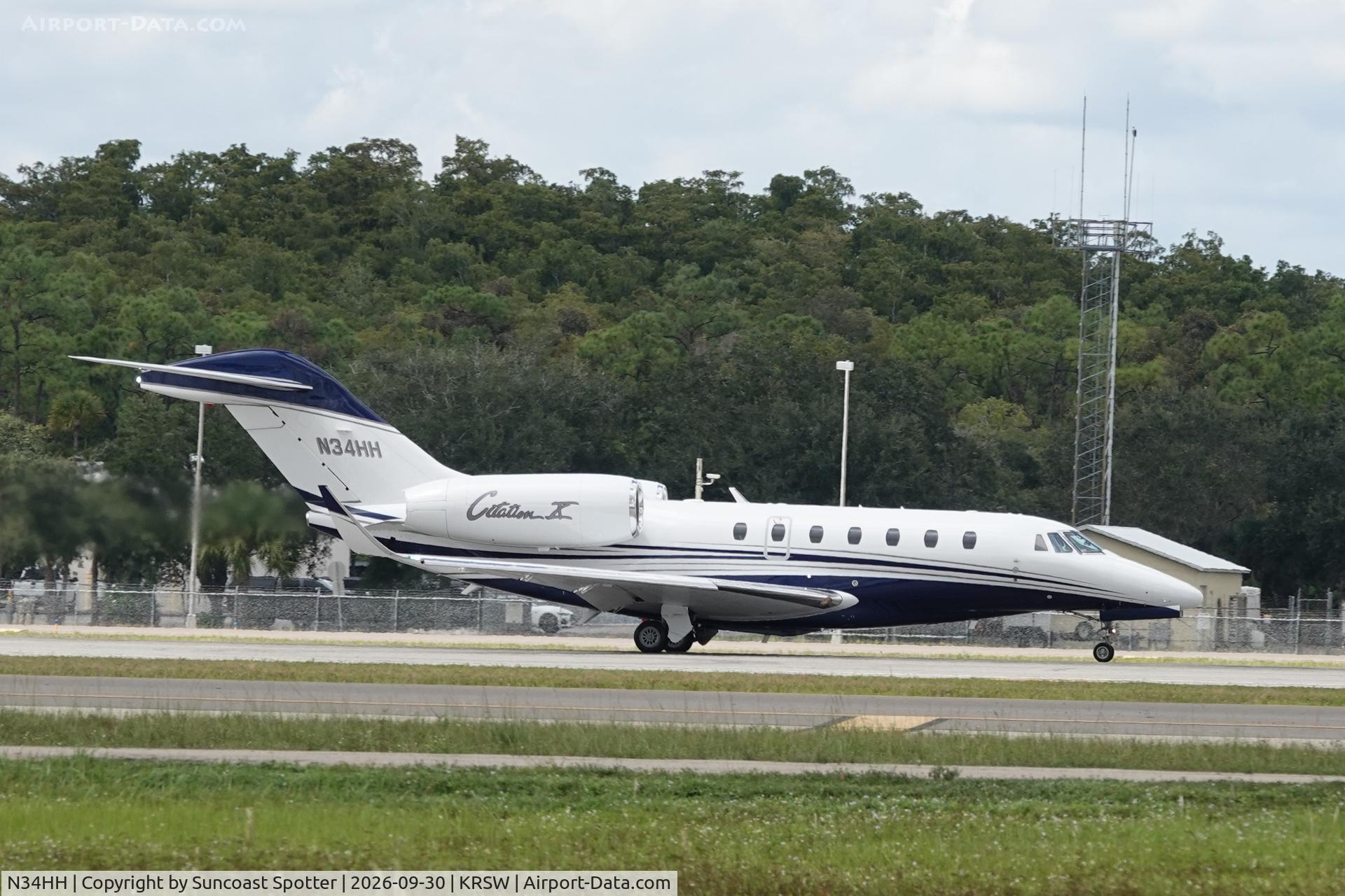Aircraft N34HH, 2012 Cessna 750 Citation X Citation X, c/n 750-0307, Citation 34HH departs Southwest Florida International Airport enroute to Orlando International Airport, at KRSW, photo by Suncoast Spotter