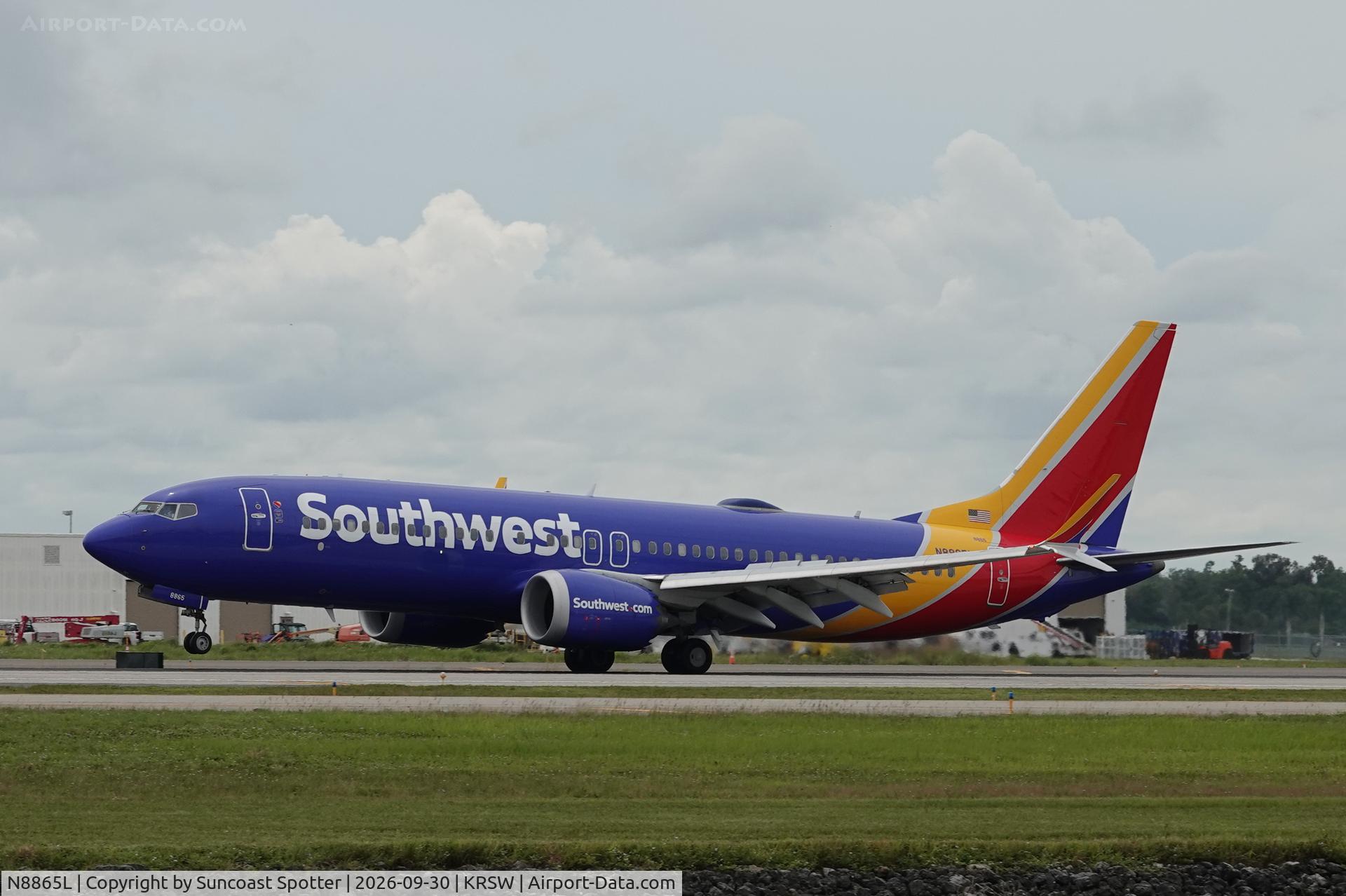 Aircraft N8865L, 2023 Boeing 737-8 MAX, c/n 67859 l/n 8575, Southwest 4034 arrives at Southwest Florida International Airport following flight from Chicago-Midway International Airport, at KRSW, photo by Suncoast Spotter