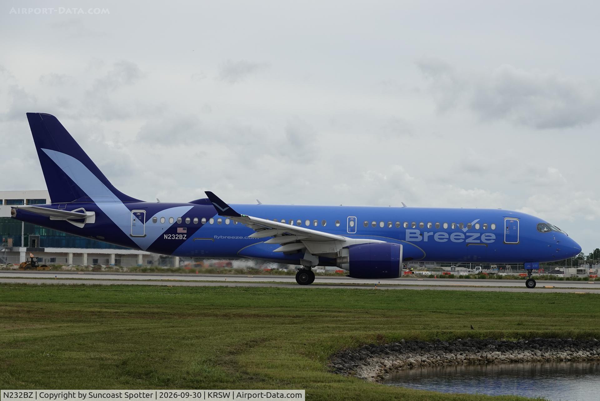 Aircraft N232BZ, 2024 Airbus A220-371, c/n 55271, Moxy 202 departs Southwest Florida International Airport enroute to Norfolk International Airport, at KRSW, photo by Suncoast Spotter