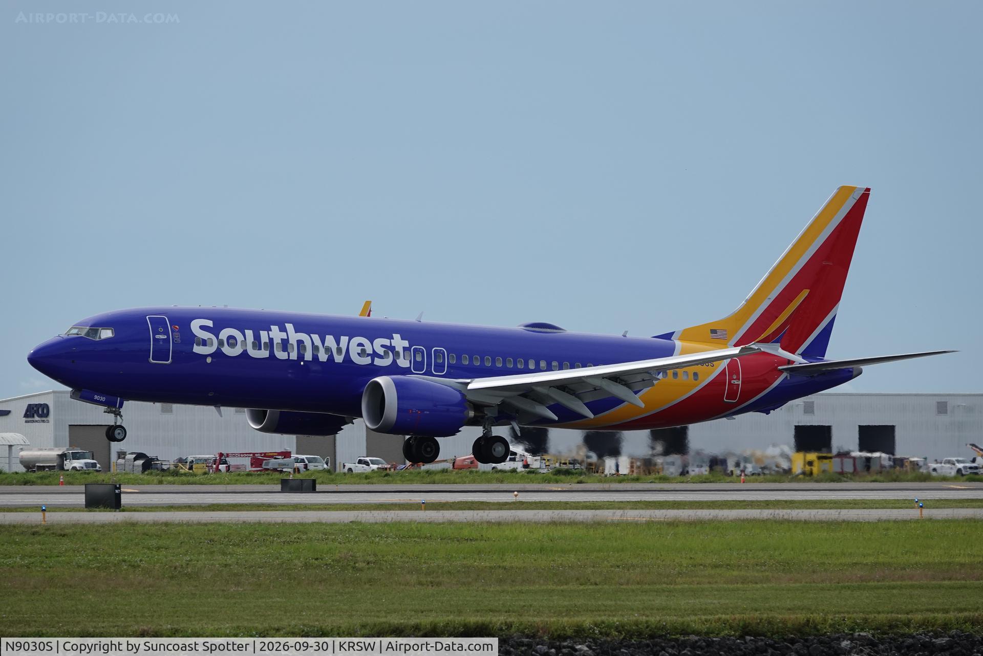 Aircraft N9030S, 2026 Boeing 737 MAX 8, c/n 70633 l/n 9825, Southwest 1066 arrives at Southwest Florida International Airport following flight from Baltimore Washington International Airport, at KRSW, photo by Suncoast Spotter
