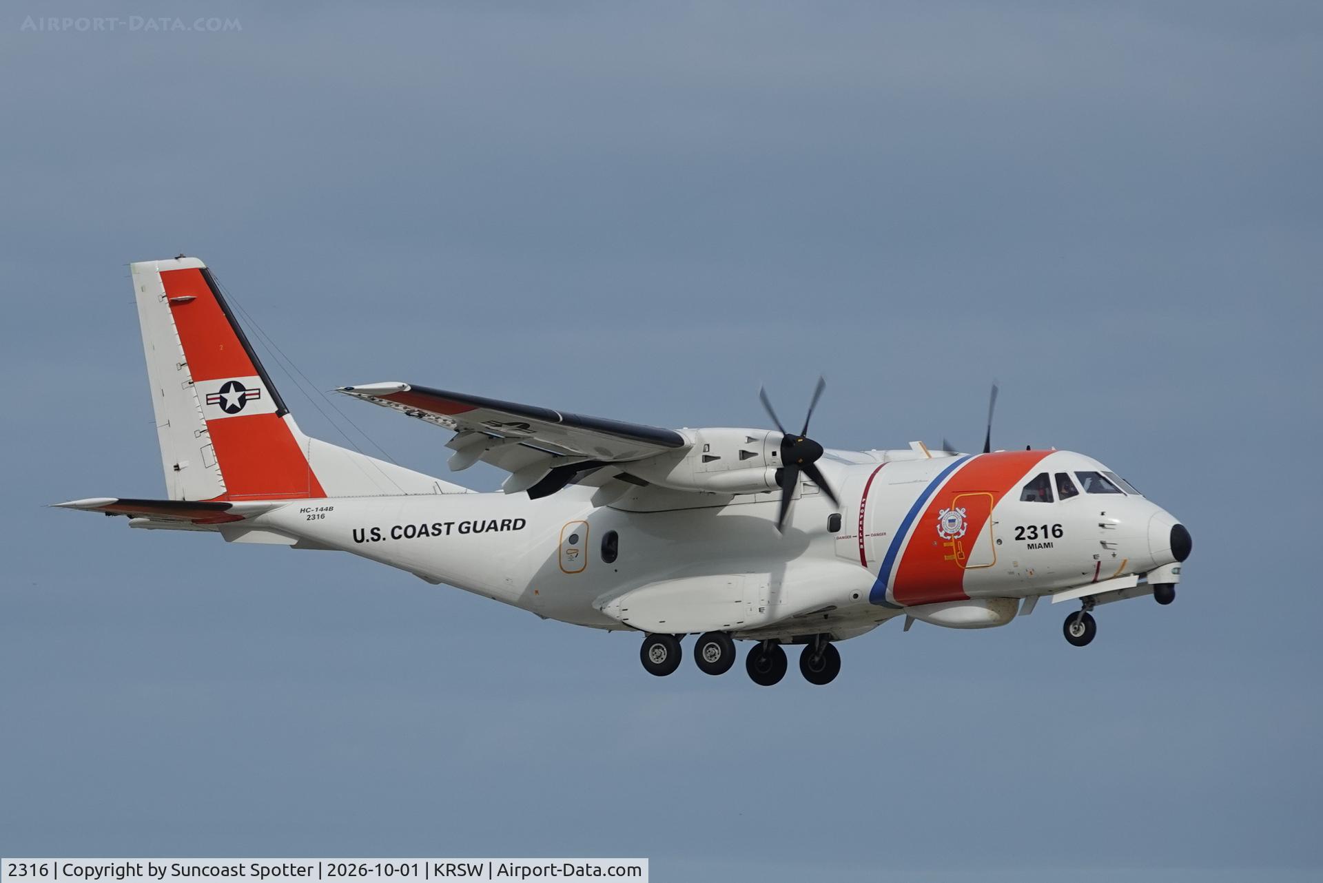 Aircraft 2316, 2013 EADS HC-144A Ocean Sentry, c/n C209, Coast Guard 2316 works in the pattern at Southwest Florida International Airport, at KRSW, photo by Suncoast Spotter
