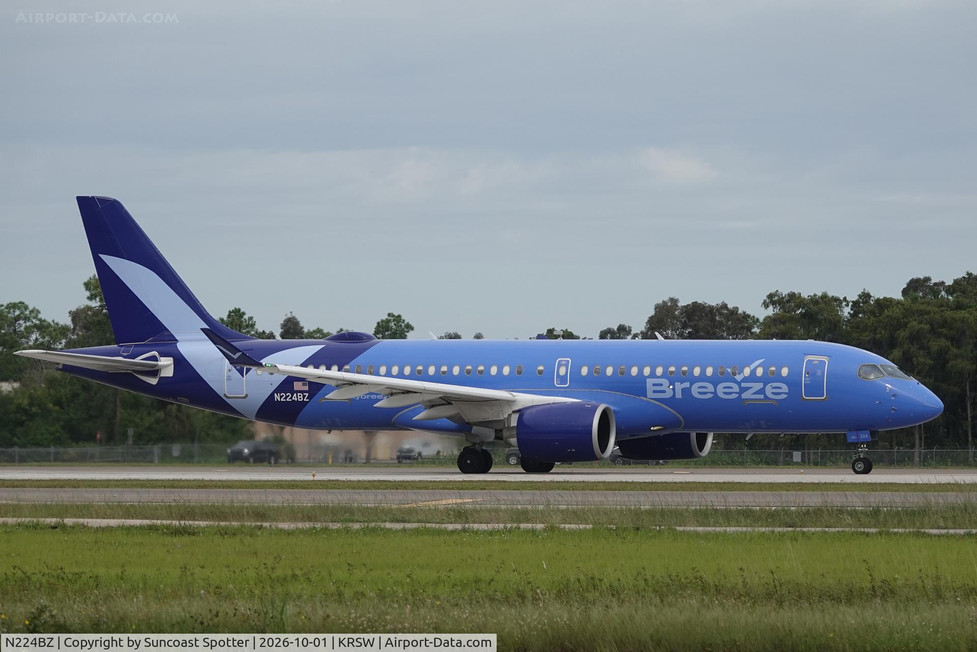 Aircraft N224BZ, 2023 Airbus A220-371, c/n 55217, Moxy 537 departs Southwest Florida International Airport enroute to Bradley International Airport, at KRSW, photo by Suncoast Spotter