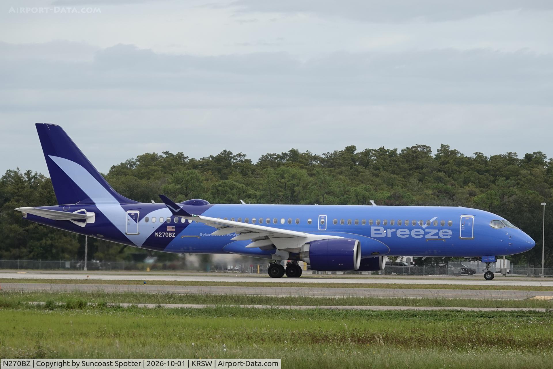 Aircraft N270BZ, 2026 Airbus A220-371, c/n 55459, Moxy 2966 departs Southwest Florida International Airport enroute to TF Green Airport, at KRSW, photo by Suncoast Spotter