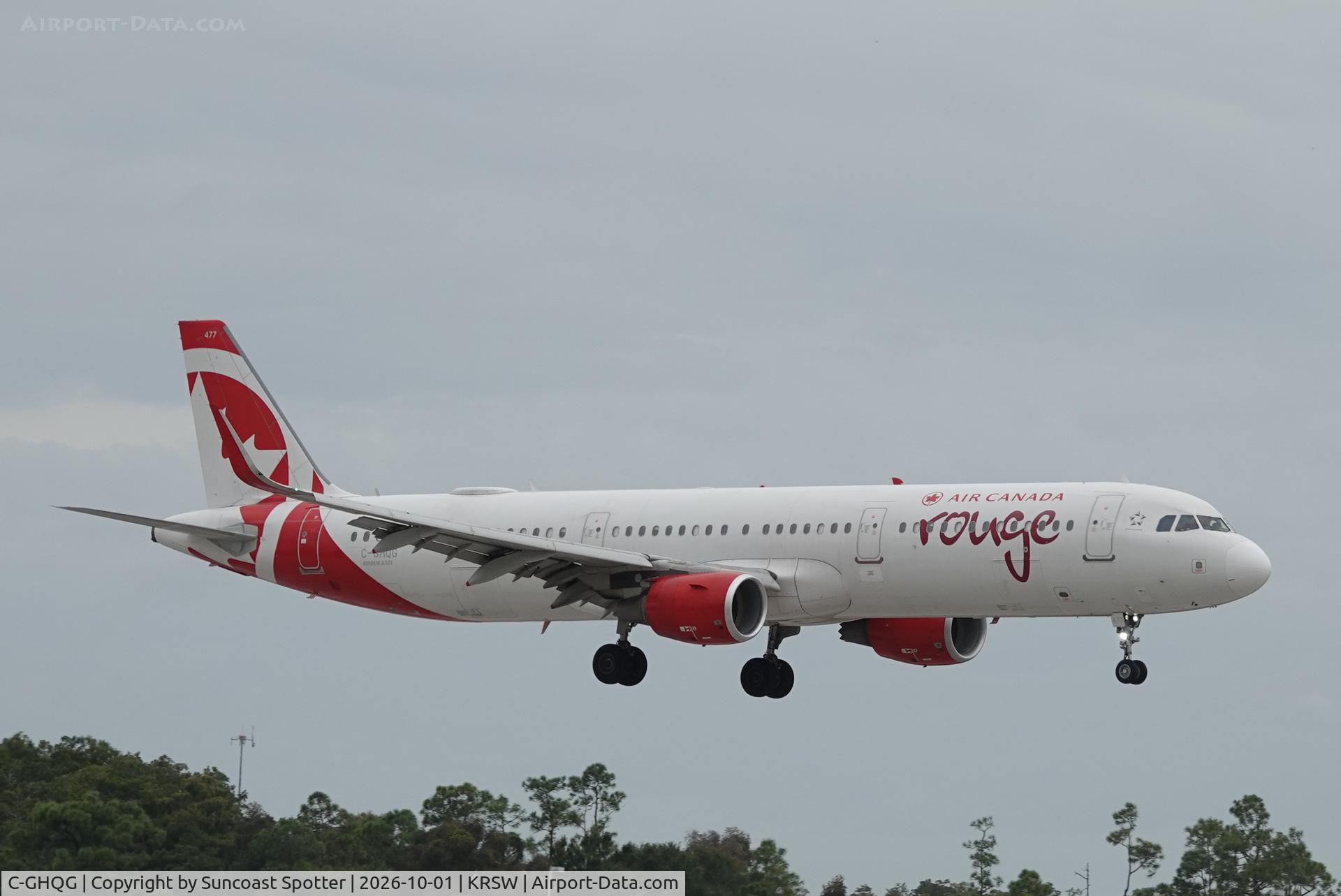 Aircraft C-GHQG, 2014 Airbus A321-211, c/n 6210, Rouge 1664 arrives at Southwest Florida International Airport following flight from Toronto-Pearson International Airport, at KRSW, photo by Suncoast Spotter