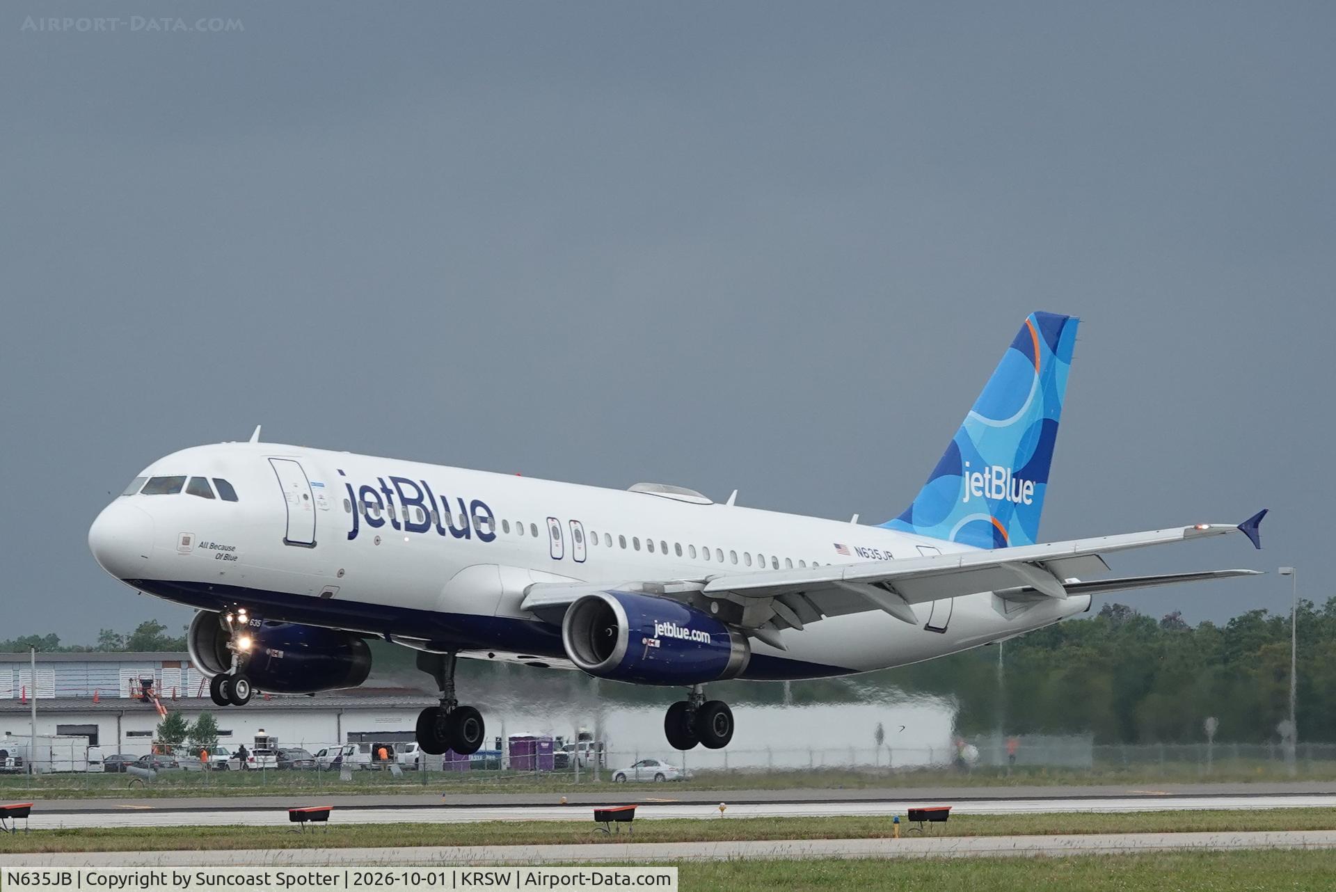 Aircraft N635JB, 2006 Airbus A320-232, c/n 2725, JetBlue 105 arrives at Southwest Florida International Airport following a weather diversion on a flight from Newark-Liberty International Airport to Fort Lauderdale-Hollywood International Airport, at KRSW, photo by Suncoast Spotter