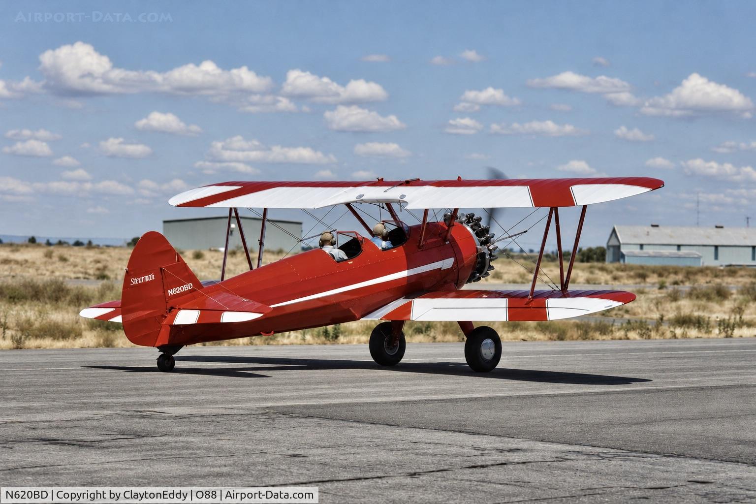 Aircraft N620BD, 1944 Boeing PT-13D Kaydet (E75), c/n 75-5620, Old Rio Vista airport in California 1980's, at O88, photo by ClaytonEddy