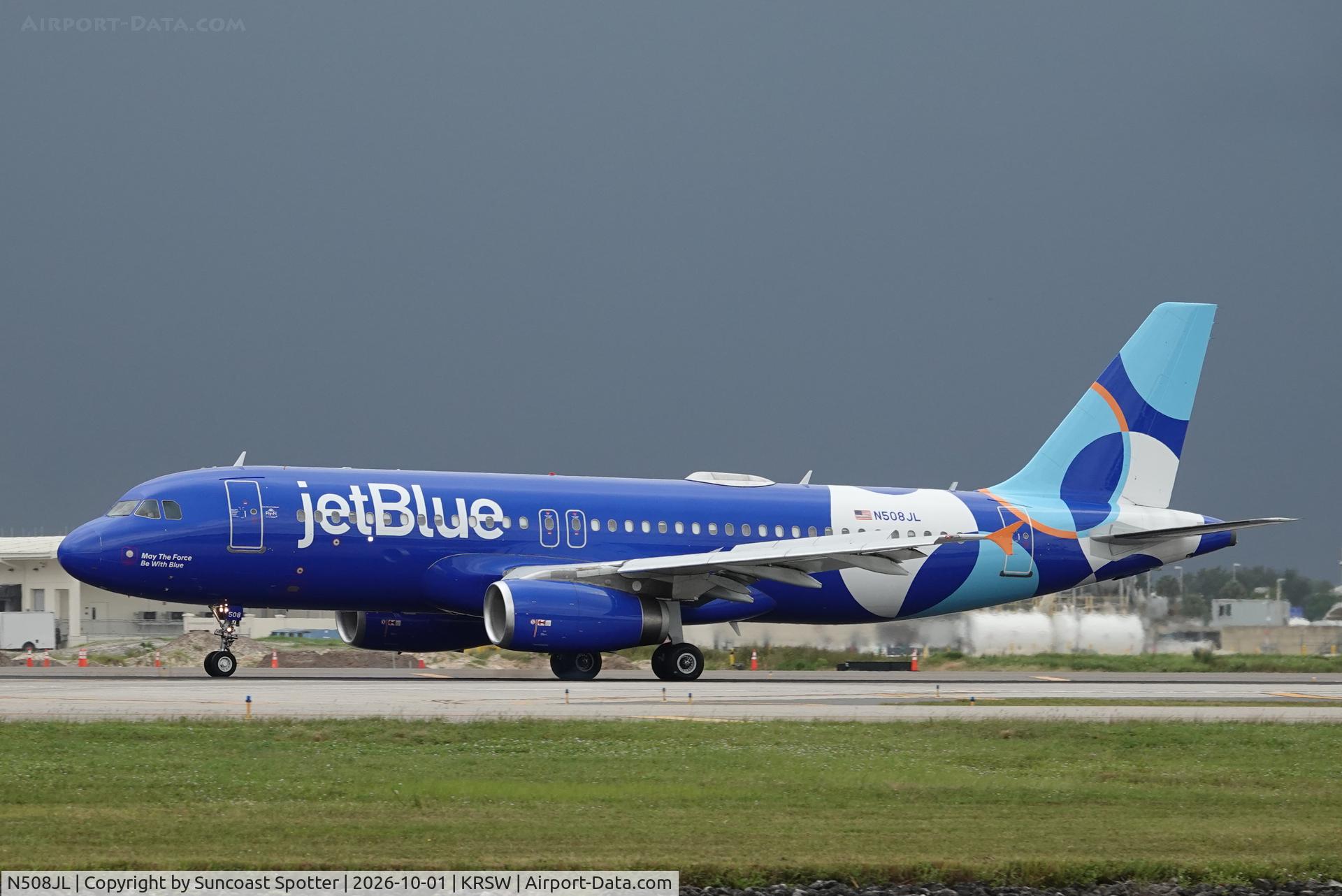 Aircraft N508JL, 2000 Airbus A320-232, c/n 1257, JetBlue 2154 arrives at Southwest Florida International Airport following a weather diversion on a flight from Luis Munoz Marin International Airport to Fort Lauderdale-Hollywood International Airport, at KRSW, photo by Suncoast Spotter