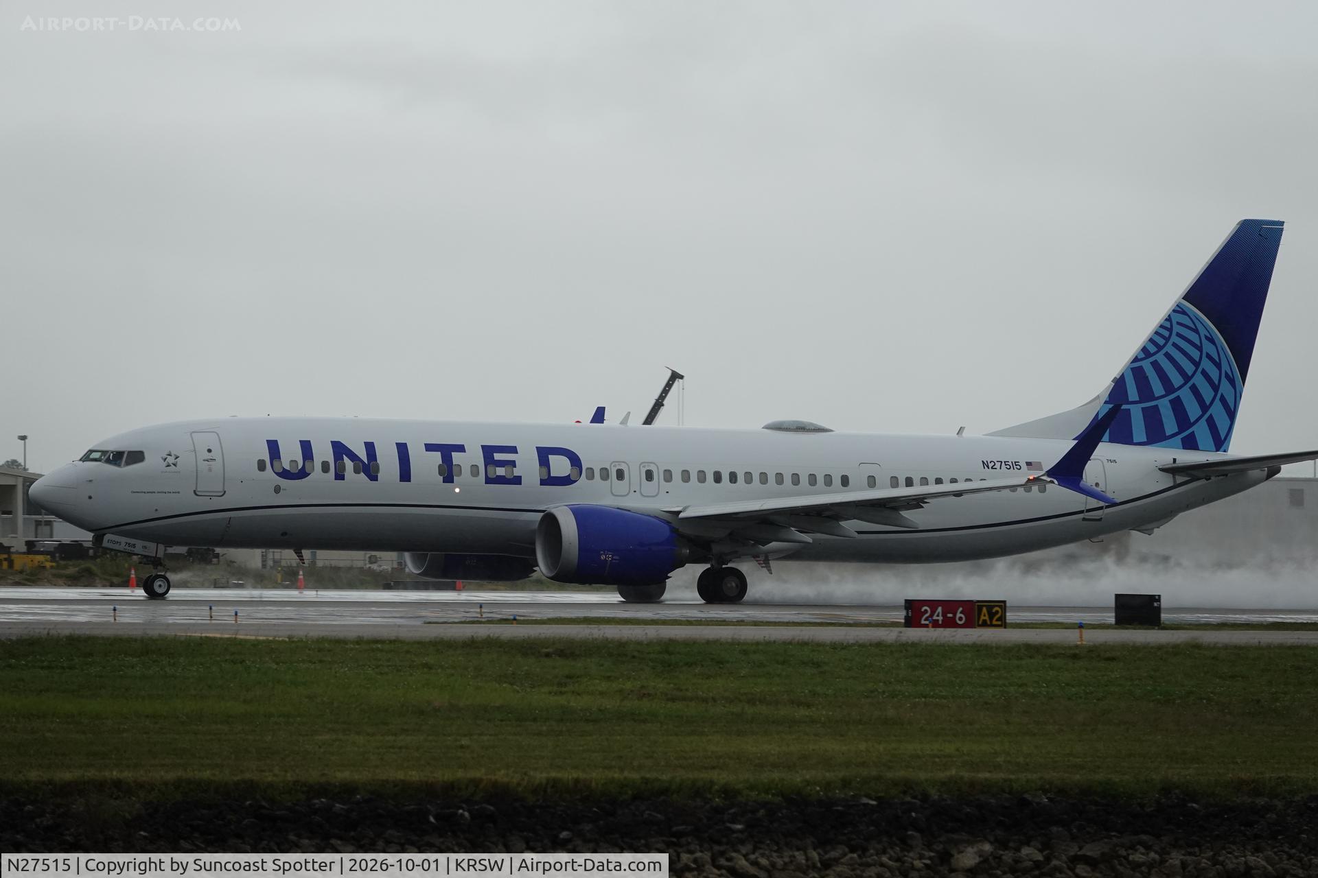 Aircraft N27515, 2019 Boeing 737-9 MAX, c/n 43452 l/n 7463, United 2494 departs Southwest Florida International Airport enroute to Chicago-O’Hare International Airport, at KRSW, photo by Suncoast Spotter