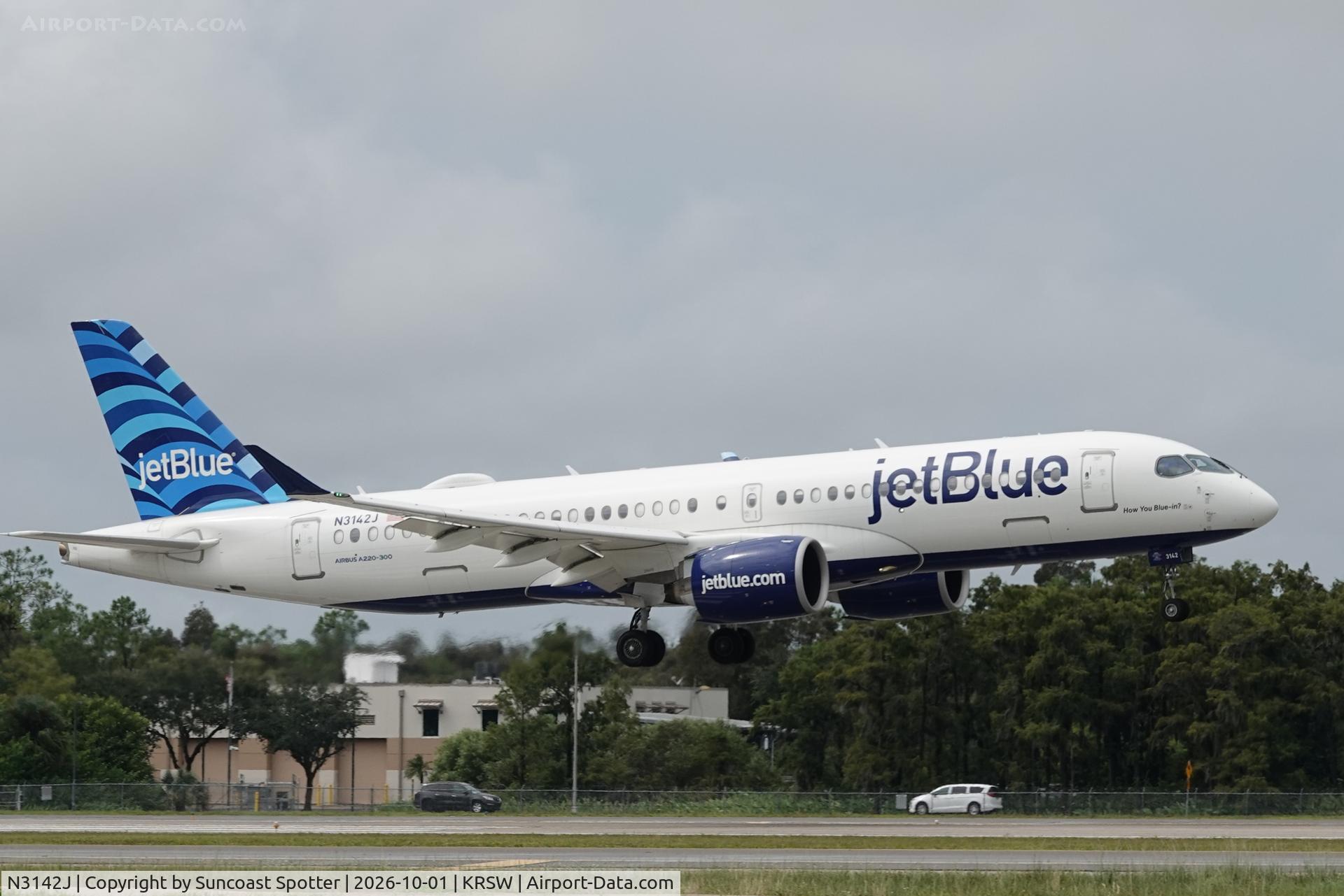 Aircraft N3142J, 2023 Airbus A220-300, c/n 55251, JetBlue 2129 arrives at Southwest Florida International Airport following flight from John F Kennedy International Airport, at KRSW, photo by Suncoast Spotter