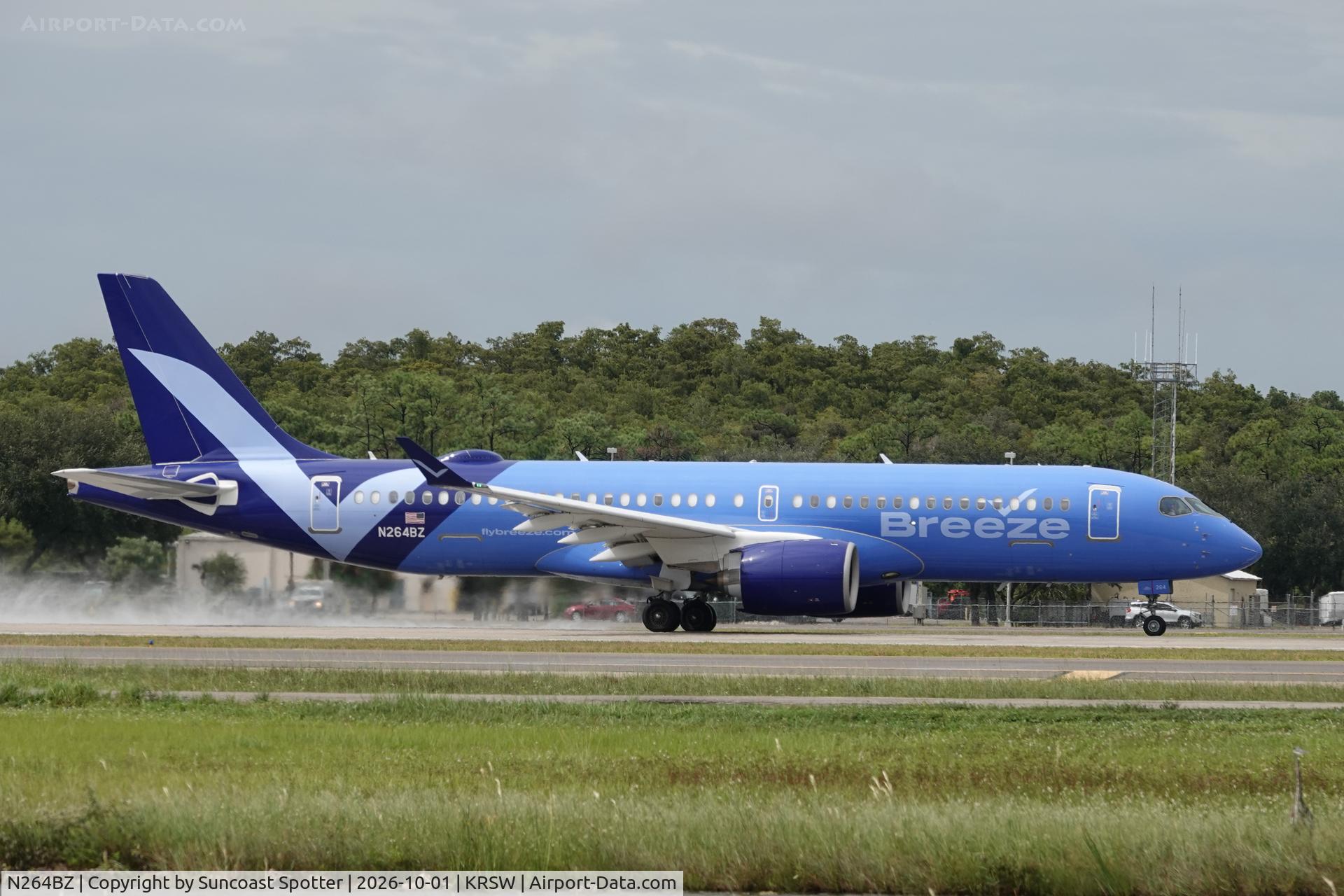 Aircraft N264BZ, 2026 Airbus A220-371, c/n 55425, Moxy 1677 departs Southwest Florida International Airport enroute to Richmond International Airport, at KRSW, photo by Suncoast Spotter
