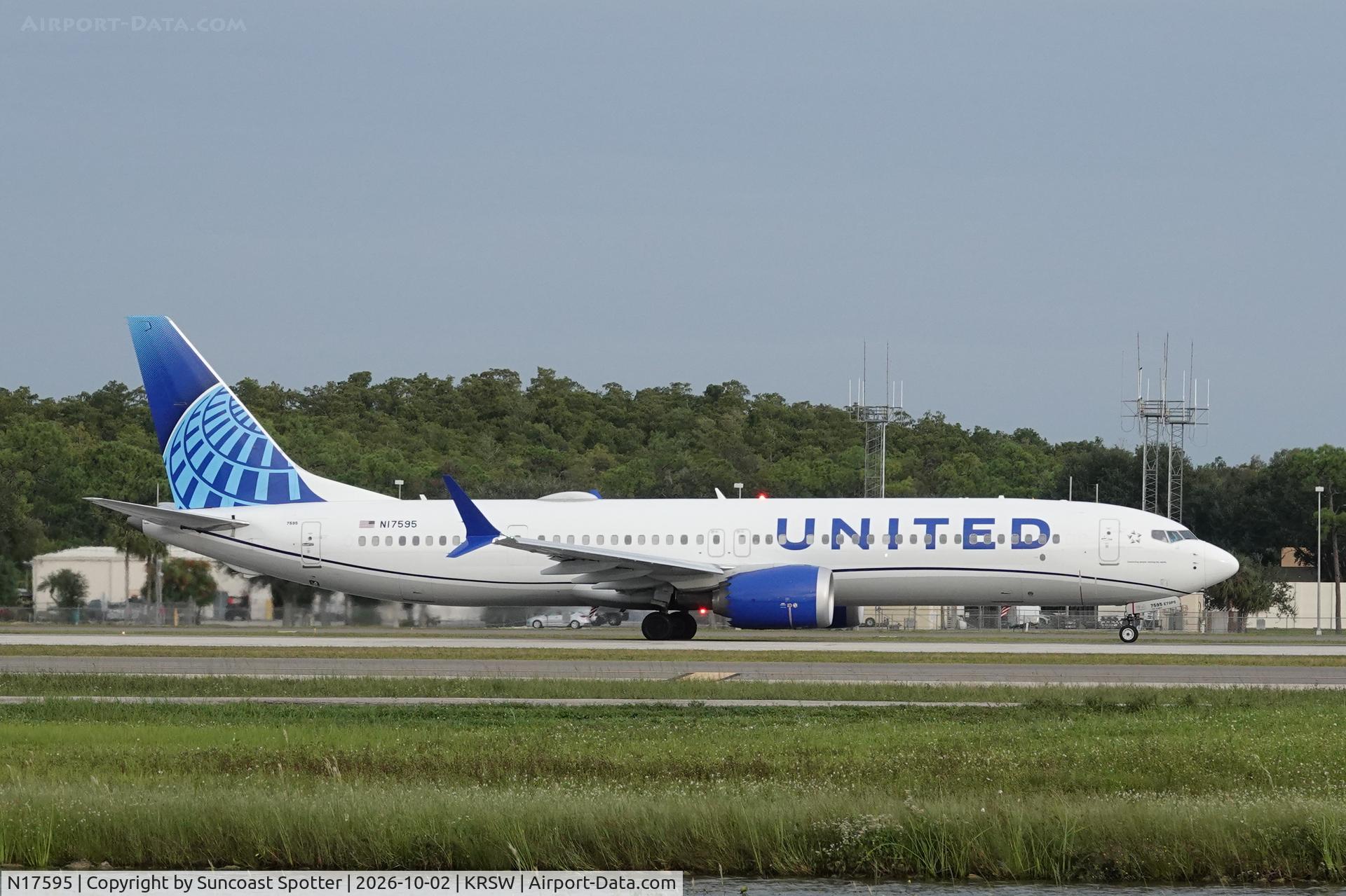 Aircraft N17595, 2025 Boeing 737 MAX 9, c/n 67643 l/n 9070, United 1378 departs Southwest Florida International Airport enroute to Denver International Airport, at KRSW, photo by Suncoast Spotter