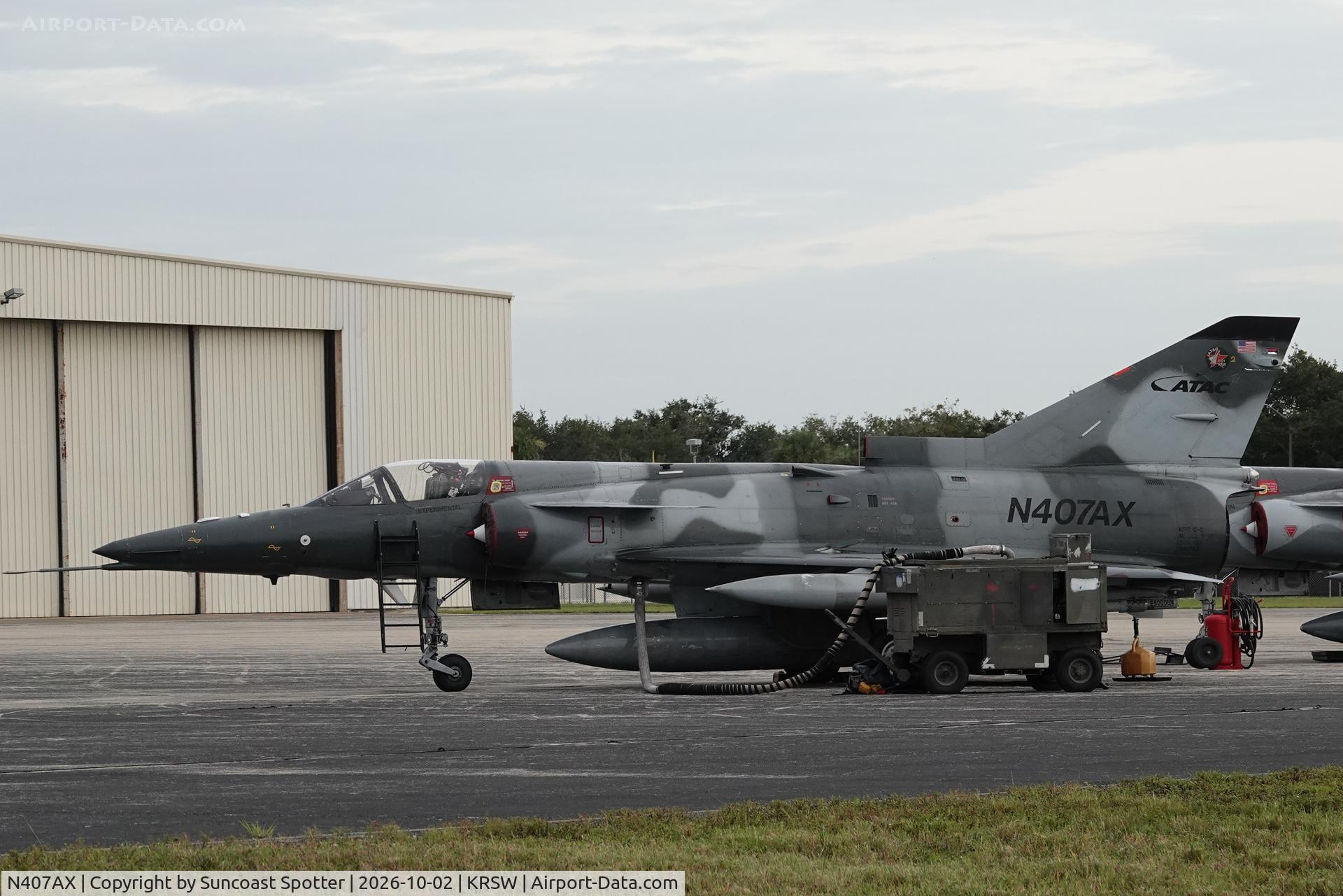 Aircraft N407AX, 1981 Israel Aircraft Industries F21KFIR-C2, c/n 125, A F-21 Kfir C2 sits on the Private Sky ramp at Southwest Florida International Airport, at KRSW, photo by Suncoast Spotter