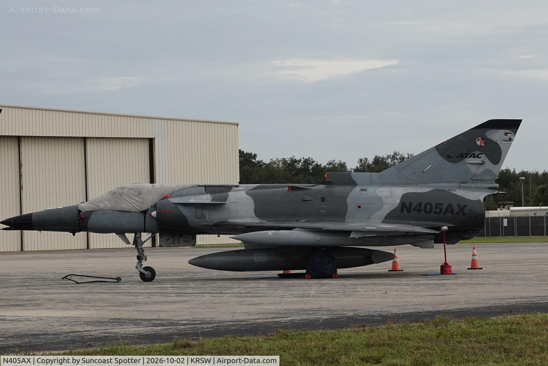 Aircraft N405AX, 1981 Israel Aircraft Industries Kfir C.2, c/n 145, A F-21 Kfir C2 sits on the Private Sky ramp at Southwest Florida International Airport, at KRSW, photo by Suncoast Spotter