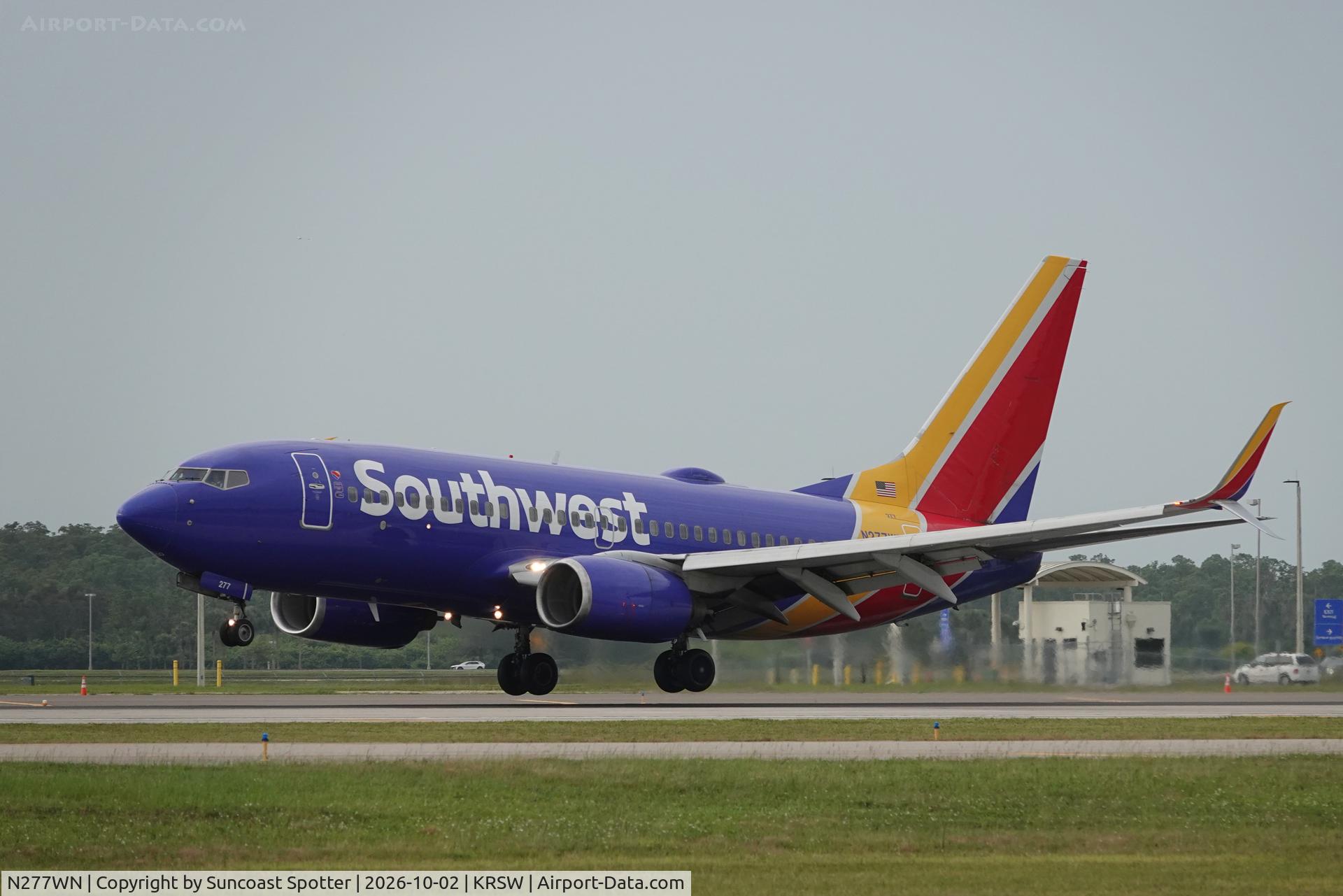 Aircraft N277WN, 2007 Boeing 737-7H4, c/n 32531, Southwest 4460 arrives at Southwest Florida International Airport following flight from Chicago-Midway International Airport, at KRSW, photo by Suncoast Spotter