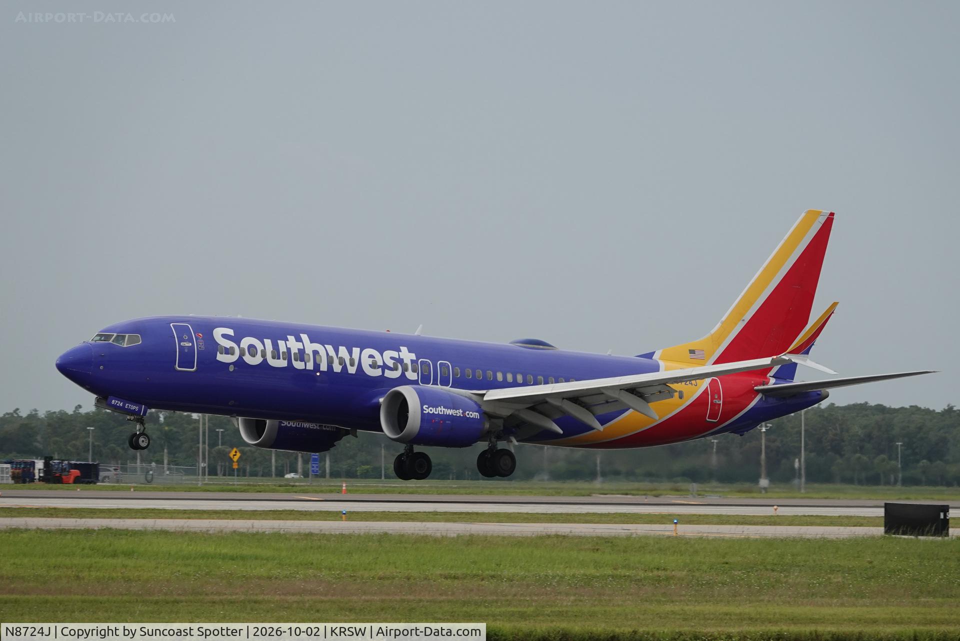 Aircraft N8724J, 2018 Boeing 737-8 MAX, c/n 42549 l/n 7130, Southwest 1110 arrives at Southwest Florida International Airport following flight from St Louis-Lambert International Airport, at KRSW, photo by Suncoast Spotter