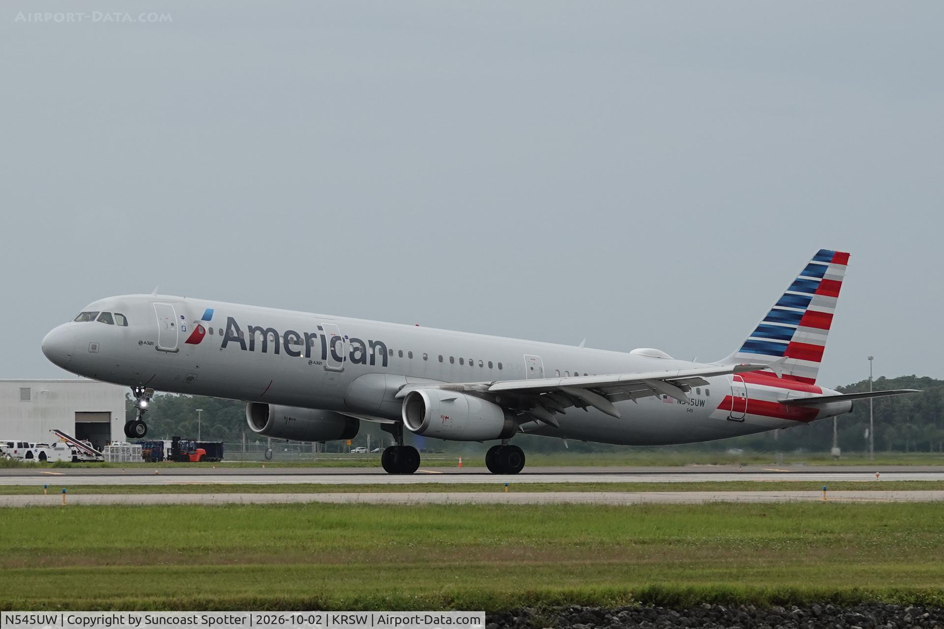 Aircraft N545UW, 2011 Airbus A321-231, c/n 4850, American 2437 arrives at Southwest Florida International Airport following flight from Chicago-O’Hare International Airport, at KRSW, photo by Suncoast Spotter