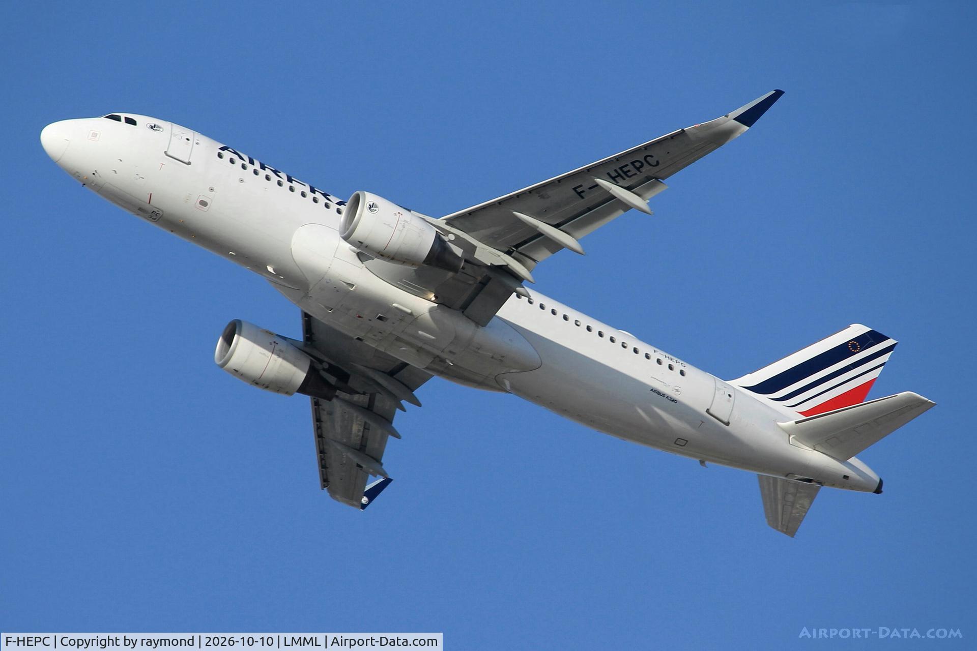Aircraft F-HEPC, 2010 Airbus A320-214, c/n 4267, Airbus A320-214 reg F-HEPC of Air France climbing out of RW31 Malta to Paris CDG., at LMML, photo by raymond