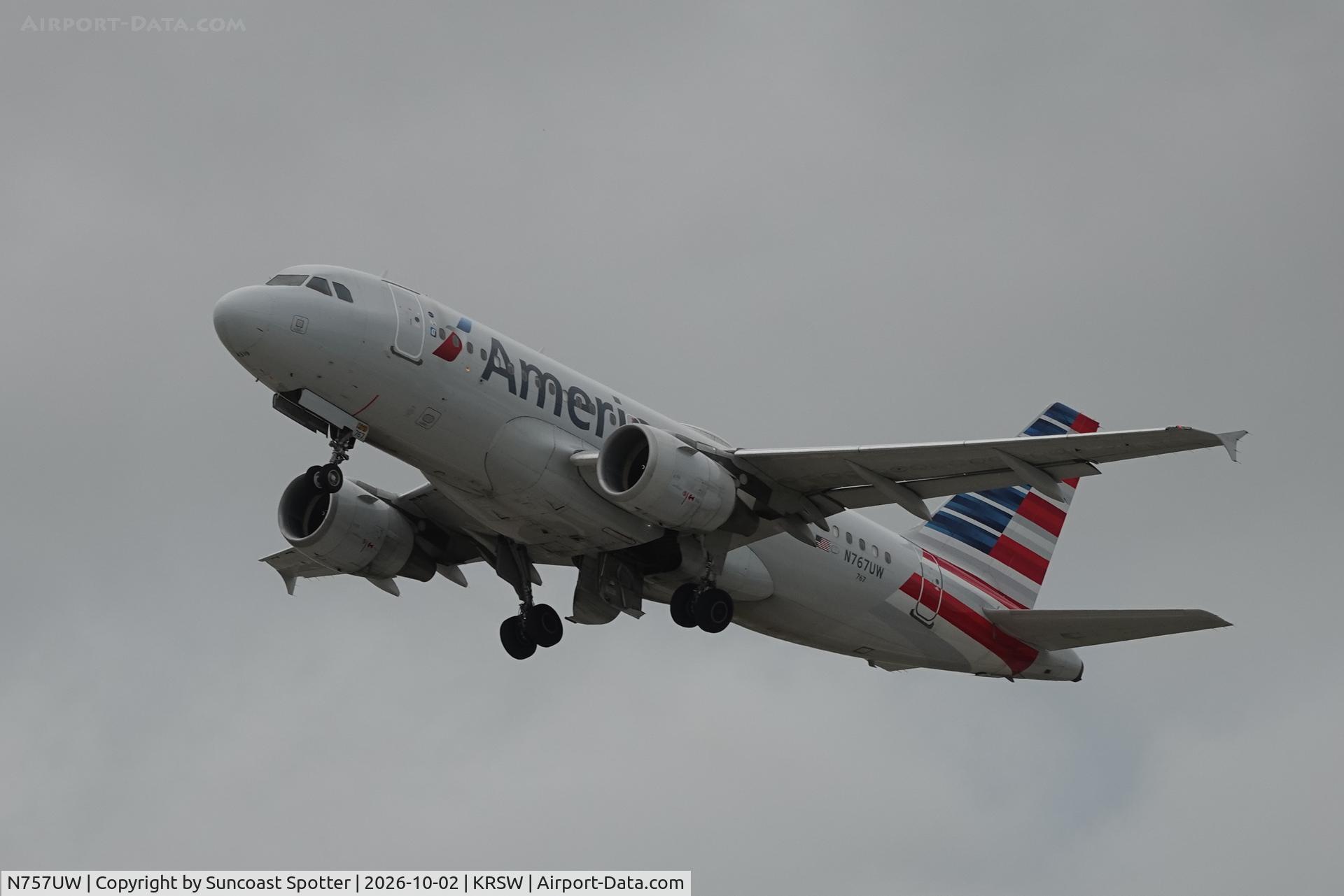 Aircraft N757UW, 2000 Airbus A319-112, c/n 1342, American 2916 departs Southwest Florida International Airport enroute to Reagan National Airport, at KRSW, photo by Suncoast Spotter