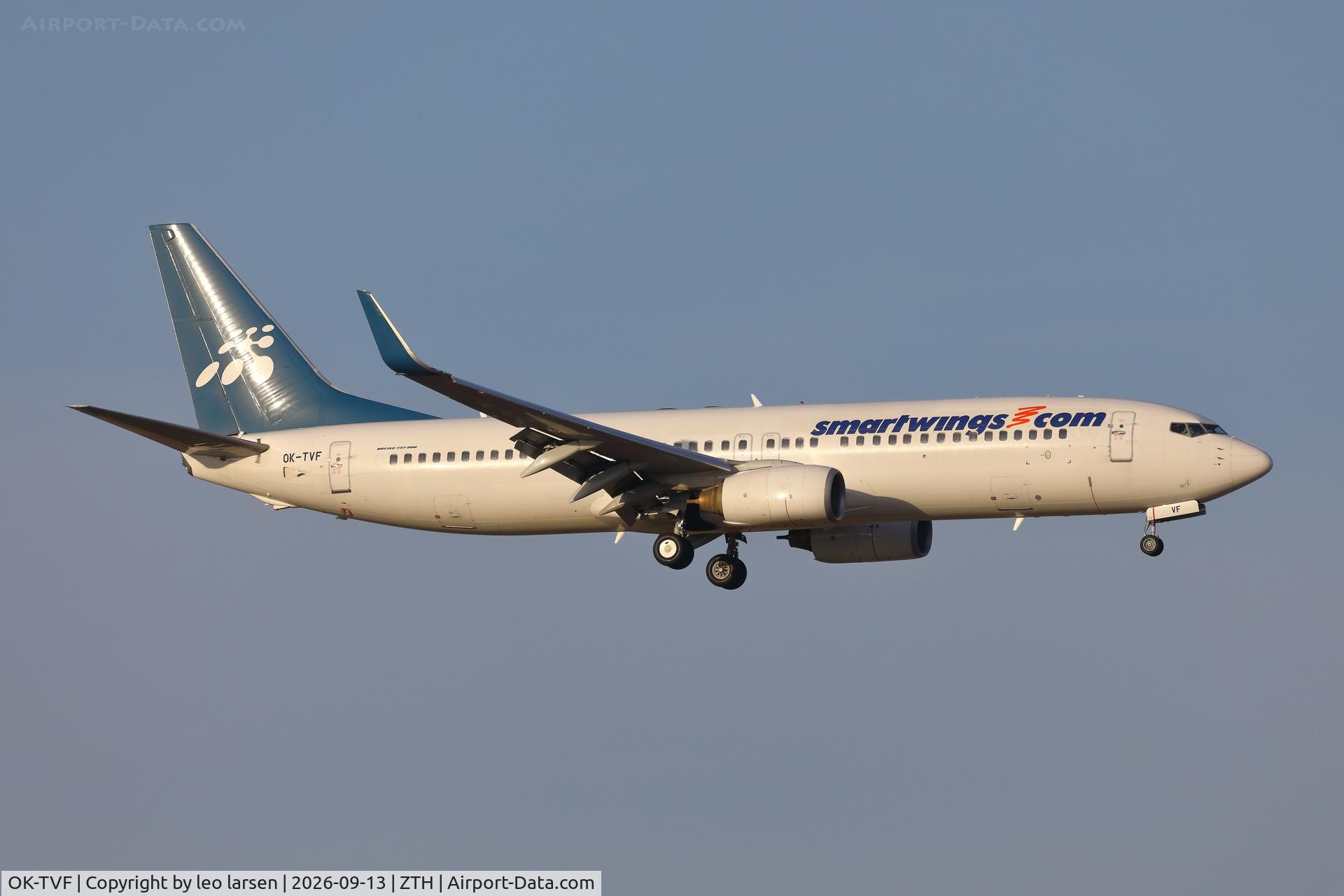 Aircraft OK-TVF, 2005 Boeing 737-8FH, c/n 29669 l/n 1692, Zakynthos 13.9.2026, at ZTH, photo by leo larsen