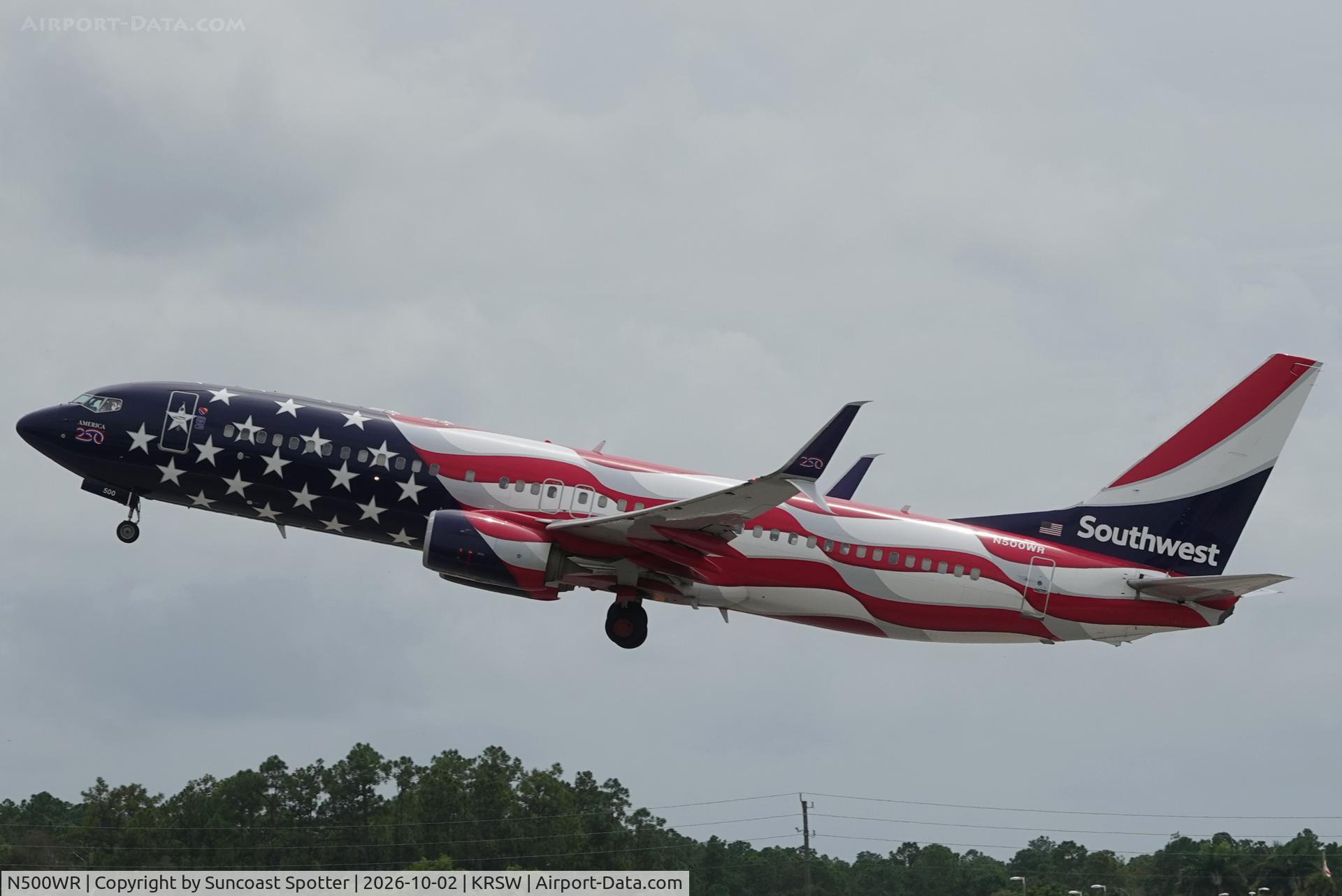 Aircraft N500WR, 2014 Boeing 737-8H4, c/n 36898 l/n 4967, Southwest 2997 departs Southwest Florida International Airport enroute to Chicago-Midway International Airport, at KRSW, photo by Suncoast Spotter