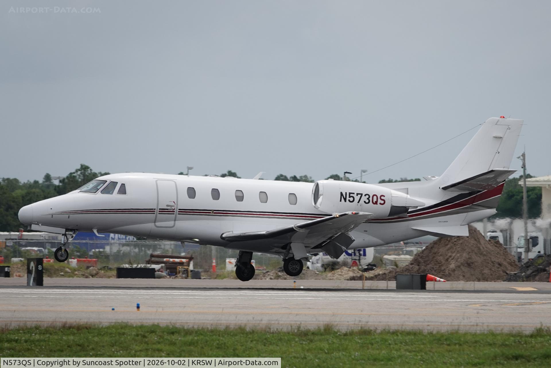 Aircraft N573QS, 2008 Cessna 560XL Citation XLS, c/n 560-5827, Execjet 573 arrives at Southwest Florida International Airport following flight from Wlmington International Airport, at KRSW, photo by Suncoast Spotter