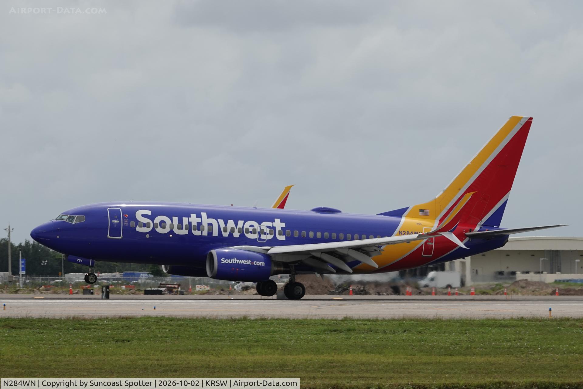 Aircraft N284WN, 2007 Boeing 737-7H4, c/n 32535, Southwest 700 arrives at Southwest Florida International Airport following flight from Nashville International Airport, at KRSW, photo by Suncoast Spotter