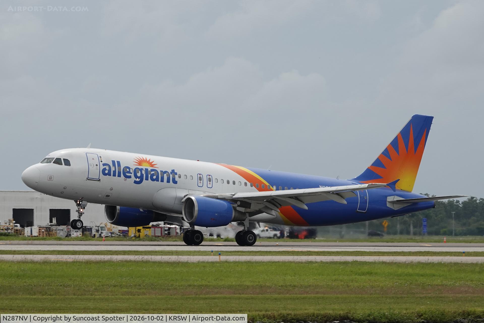 Aircraft N287NV, 2010 Airbus A320-214, c/n 4508, Allegiant 1557 arrives at Southwest Florida International Airport following flight from Appleton International Airport, at KRSW, photo by Suncoast Spotter