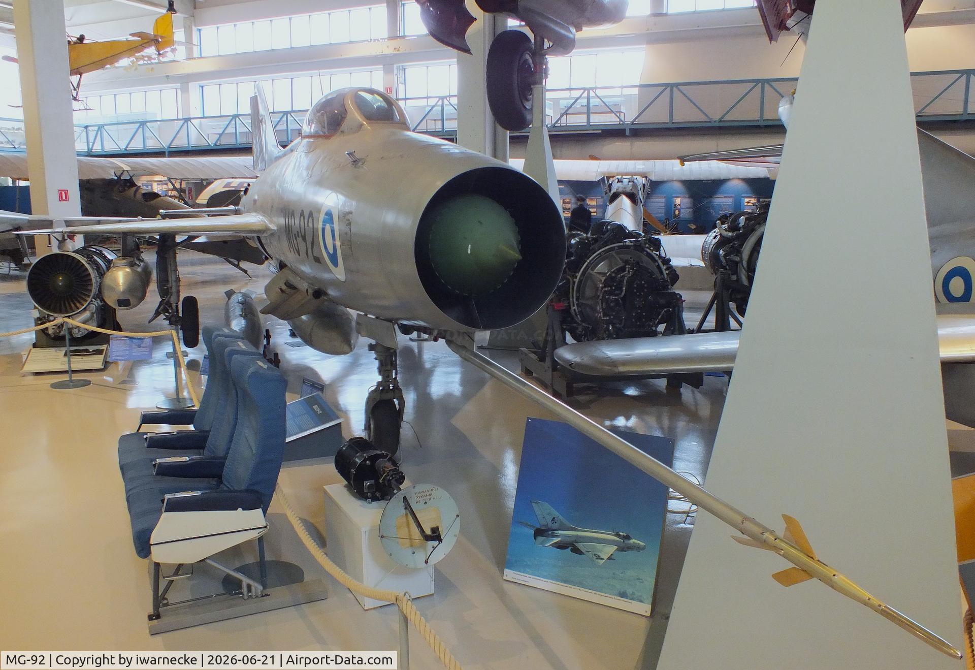 Aircraft MG-92, Mikoyan-Gurevich MiG-21F-13, c/n 741721, Mikoyan i Gurevich MiG-21F-13 FISHBED-C at the Suomen Ilmavoimamuseo (Finnish Air Force Museum, formerly known as Keski-Suomen Ilmailumuseo / Aviation Museum of Central Finland), Jyväskylä-Tikkakoski, photo by iwarnecke