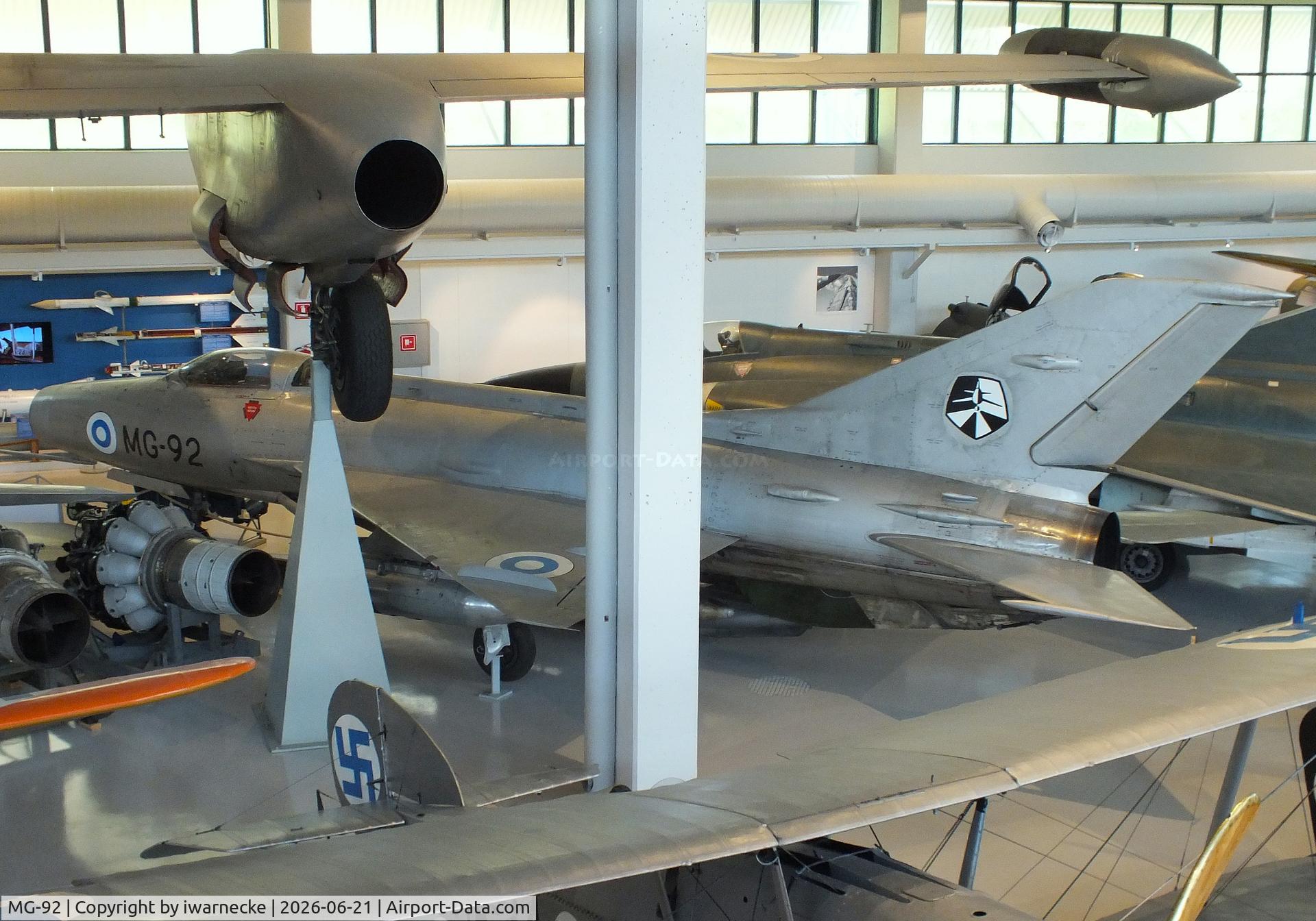 Aircraft MG-92, Mikoyan-Gurevich MiG-21F-13, c/n 741721, Mikoyan i Gurevich MiG-21F-13 FISHBED-C at the Suomen Ilmavoimamuseo (Finnish Air Force Museum, formerly known as Keski-Suomen Ilmailumuseo / Aviation Museum of Central Finland), Jyväskylä-Tikkakoski, photo by iwarnecke