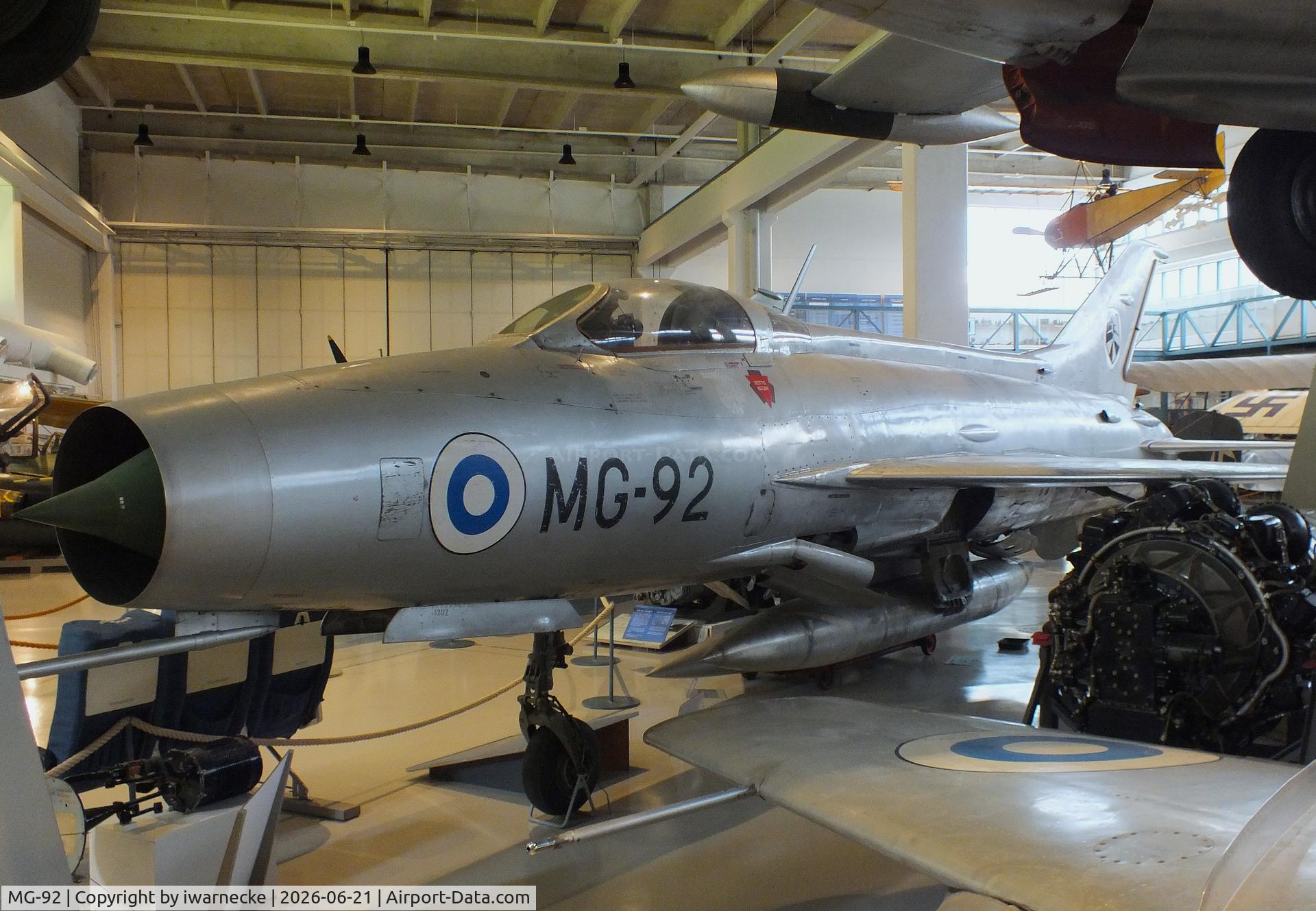 Aircraft MG-92, Mikoyan-Gurevich MiG-21F-13, c/n 741721, Mikoyan i Gurevich MiG-21F-13 FISHBED-C at the Suomen Ilmavoimamuseo (Finnish Air Force Museum, formerly known as Keski-Suomen Ilmailumuseo / Aviation Museum of Central Finland), Jyväskylä-Tikkakoski, photo by iwarnecke