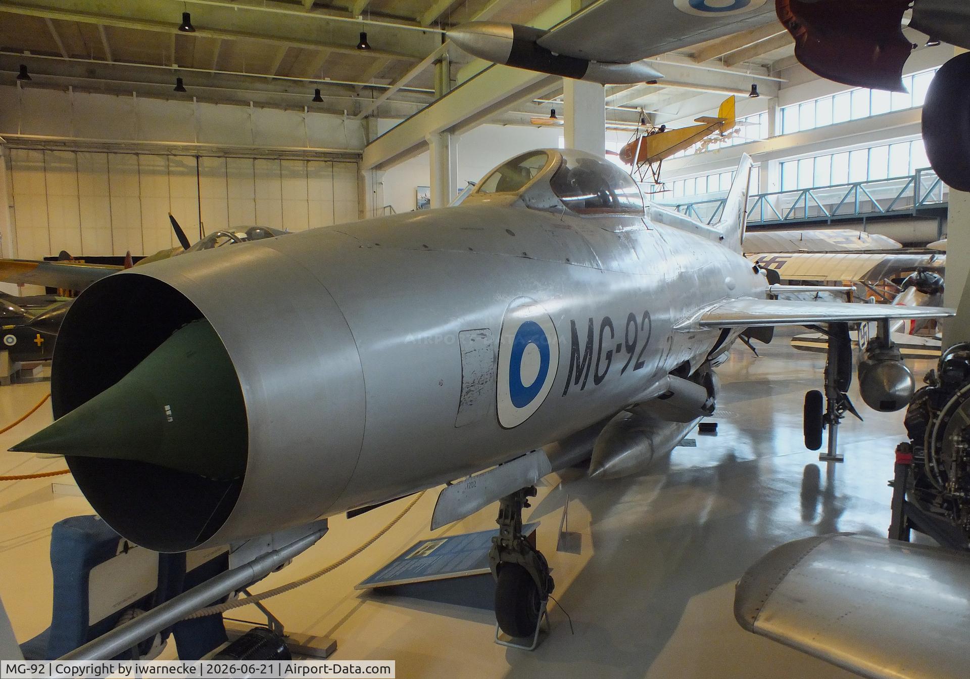 Aircraft MG-92, Mikoyan-Gurevich MiG-21F-13, c/n 741721, Mikoyan i Gurevich MiG-21F-13 FISHBED-C at the Suomen Ilmavoimamuseo (Finnish Air Force Museum, formerly known as Keski-Suomen Ilmailumuseo / Aviation Museum of Central Finland), Jyväskylä-Tikkakoski, photo by iwarnecke