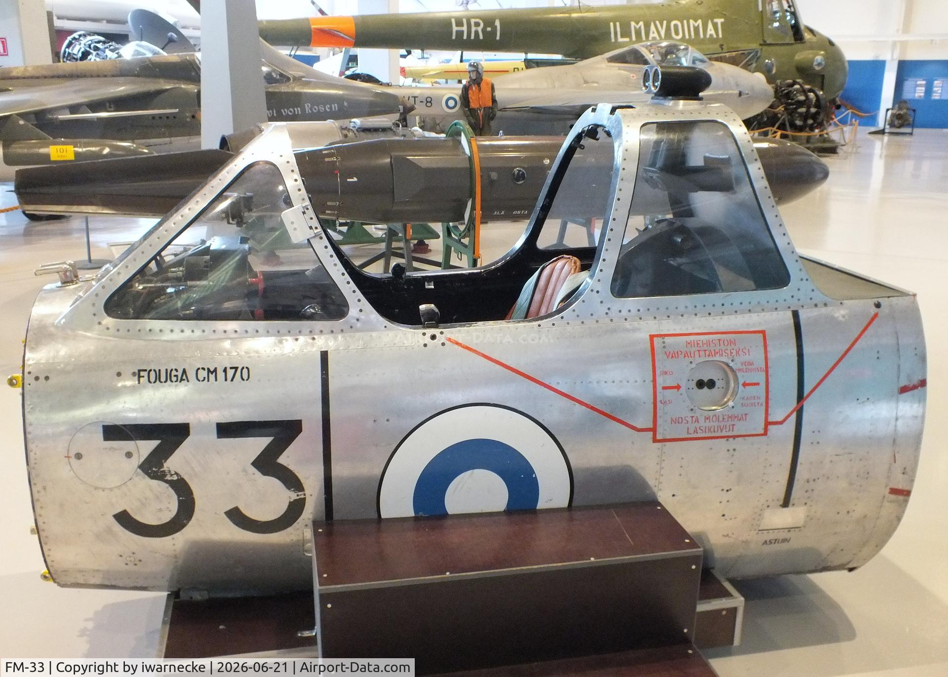Aircraft FM-33, 1962 Fouga (Valmet) CM-170R Magister, c/n FM-33, Fouga (Valmet) CM.170R Magister (front cockpit section only) at the Suomen Ilmavoimamuseo (Finnish Air Force Museum, formerly known as Keski-Suomen Ilmailumuseo / Aviation Museum of Central Finland), Jyväskylä-Tikkakoski, photo by iwarnecke