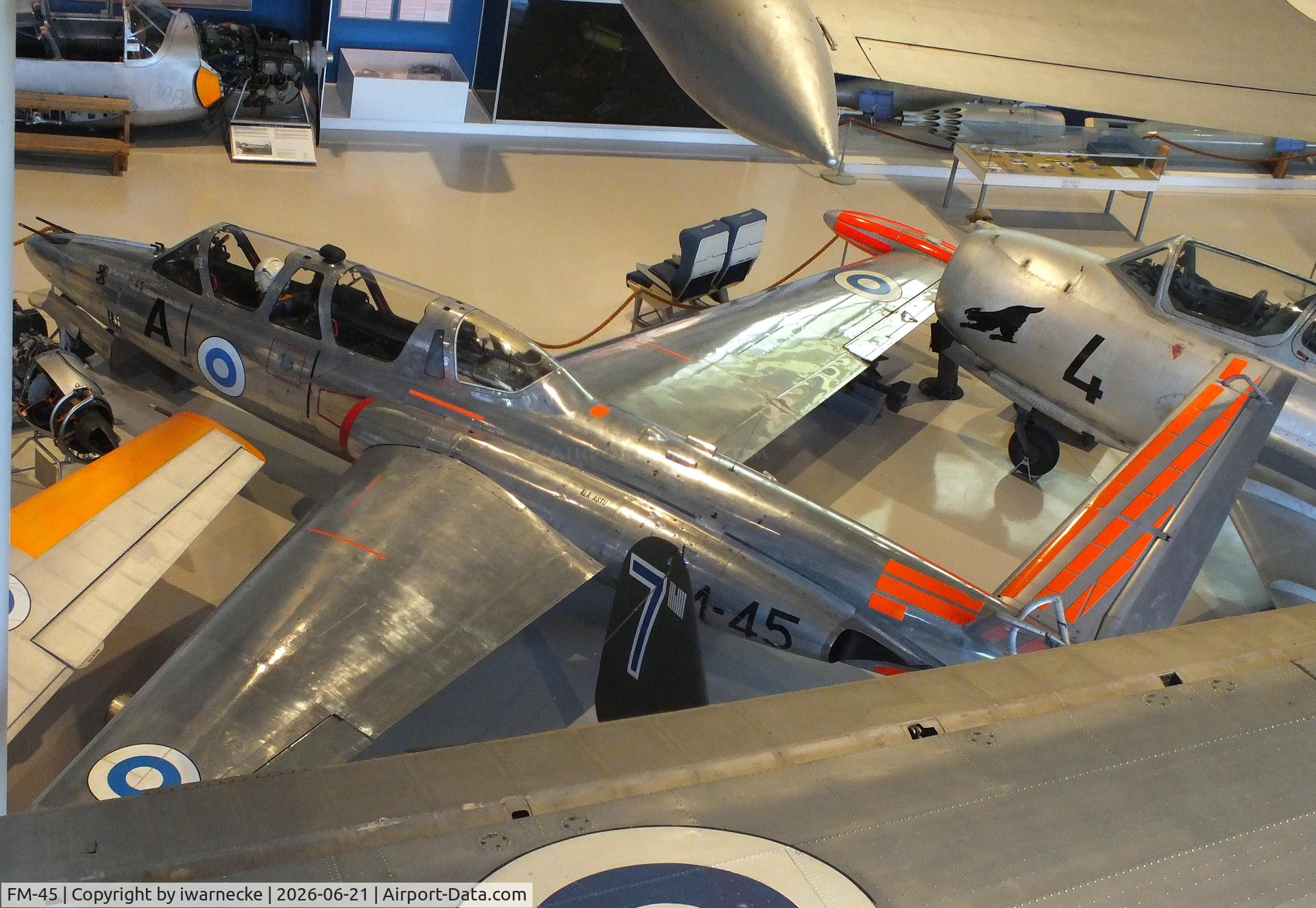 Aircraft FM-45, Fouga (Valmet) CM-170R Magister, c/n FM-45, Fouga (Valmet) CM-170R Magister at the Suomen Ilmavoimamuseo (Finnish Air Force Museum, formerly known as Keski-Suomen Ilmailumuseo / Aviation Museum of Central Finland), Jyväskylä-Tikkakoski, photo by iwarnecke