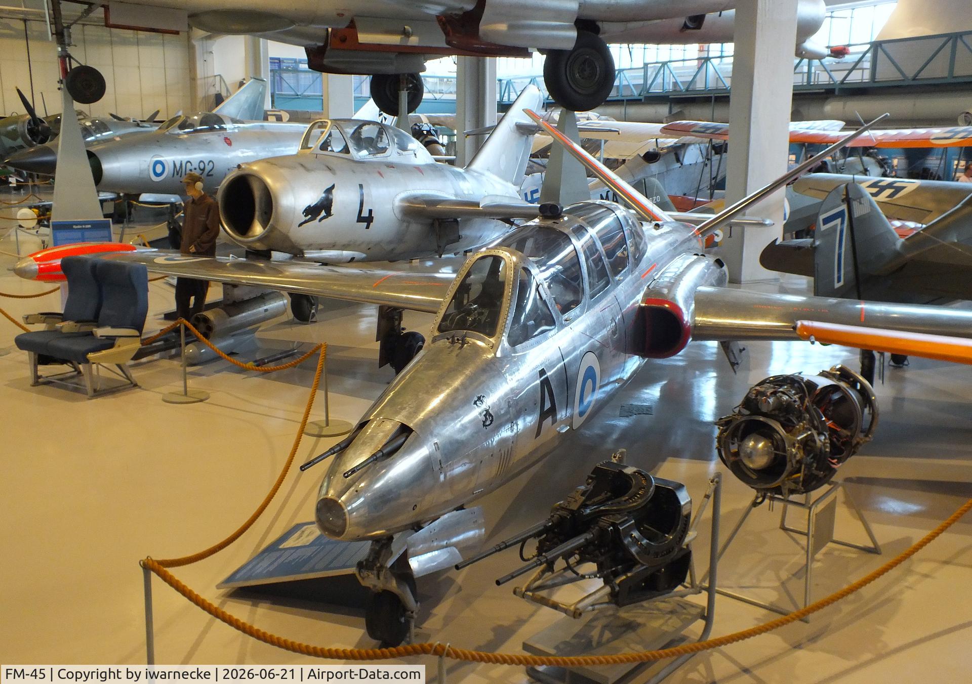 Aircraft FM-45, Fouga (Valmet) CM-170R Magister, c/n FM-45, Fouga (Valmet) CM-170R Magister at the Suomen Ilmavoimamuseo (Finnish Air Force Museum, formerly known as Keski-Suomen Ilmailumuseo / Aviation Museum of Central Finland), Jyväskylä-Tikkakoski, photo by iwarnecke