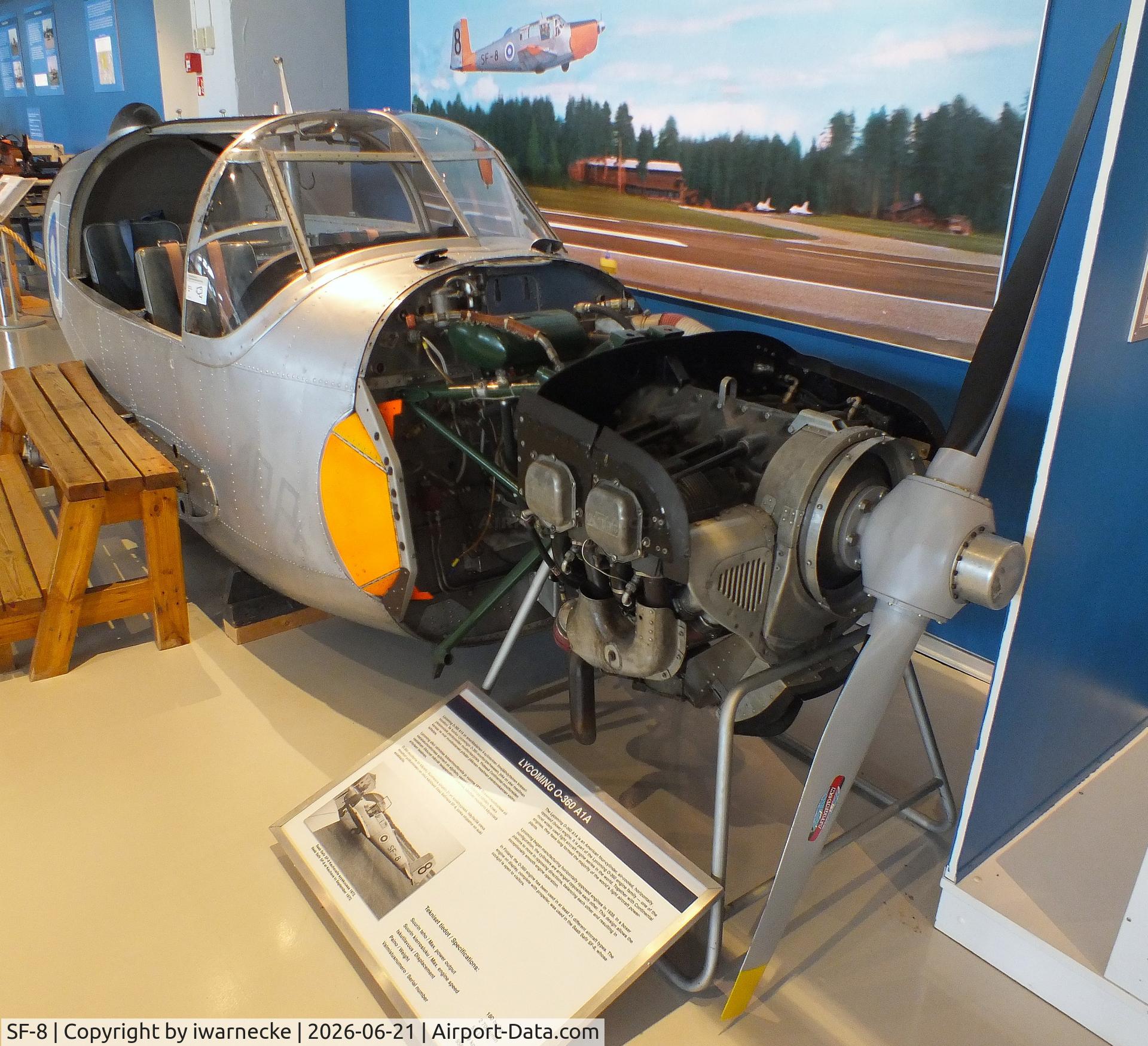 Aircraft SF-8, Saab 91D Safir, c/n 91-354, SAAB 91D Safir (forward fuselage only, minus engine cowlings) at the Suomen Ilmavoimamuseo (Finnish Air Force Museum, formerly known as Keski-Suomen Ilmailumuseo / Aviation Museum of Central Finland), Jyväskylä-Tikkakoski #c, photo by iwarnecke