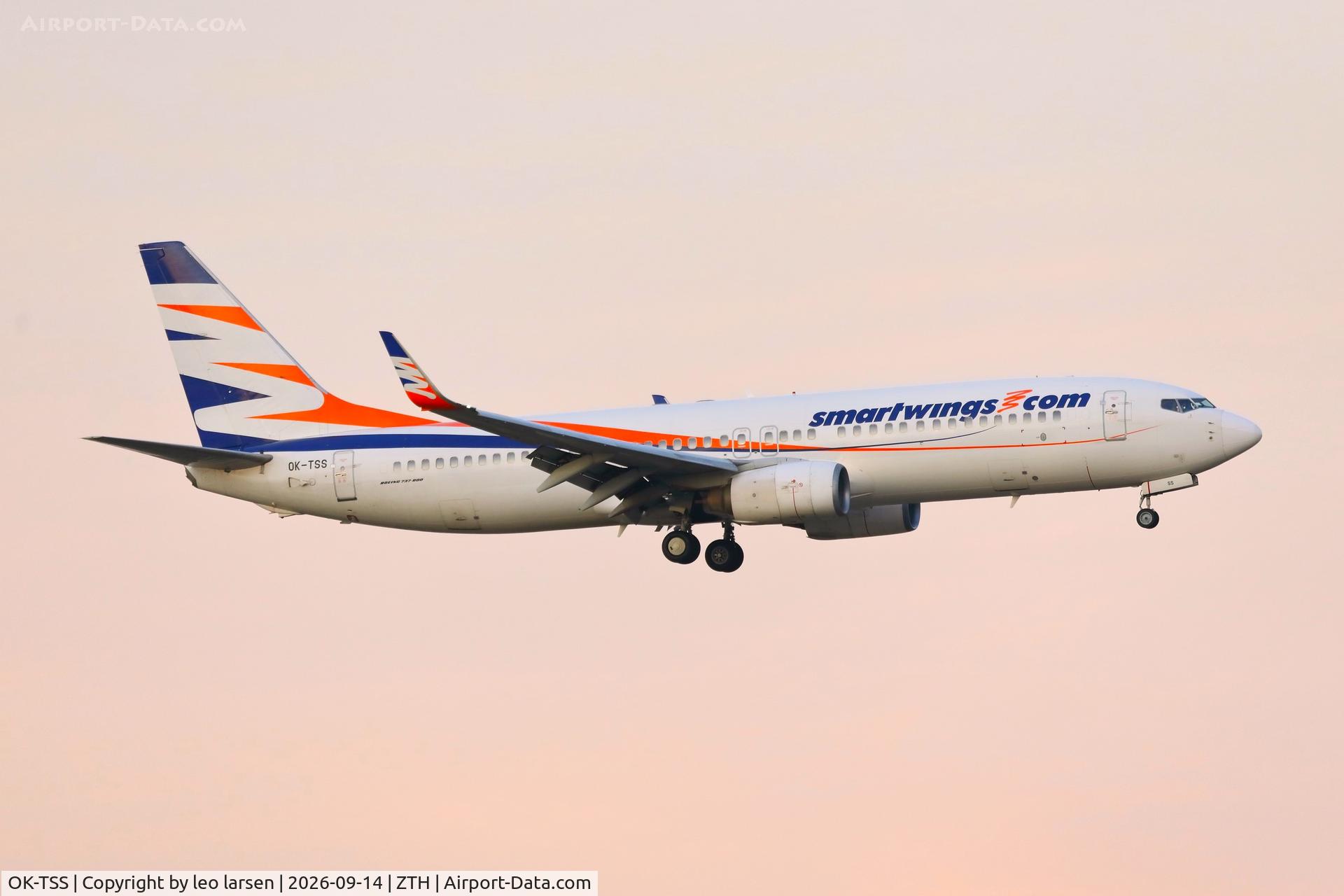 Aircraft OK-TSS, 2008 Boeing 737-81M, c/n 35272 l/n 2537, Zakynthos 14.9.2026, at ZTH, photo by leo larsen