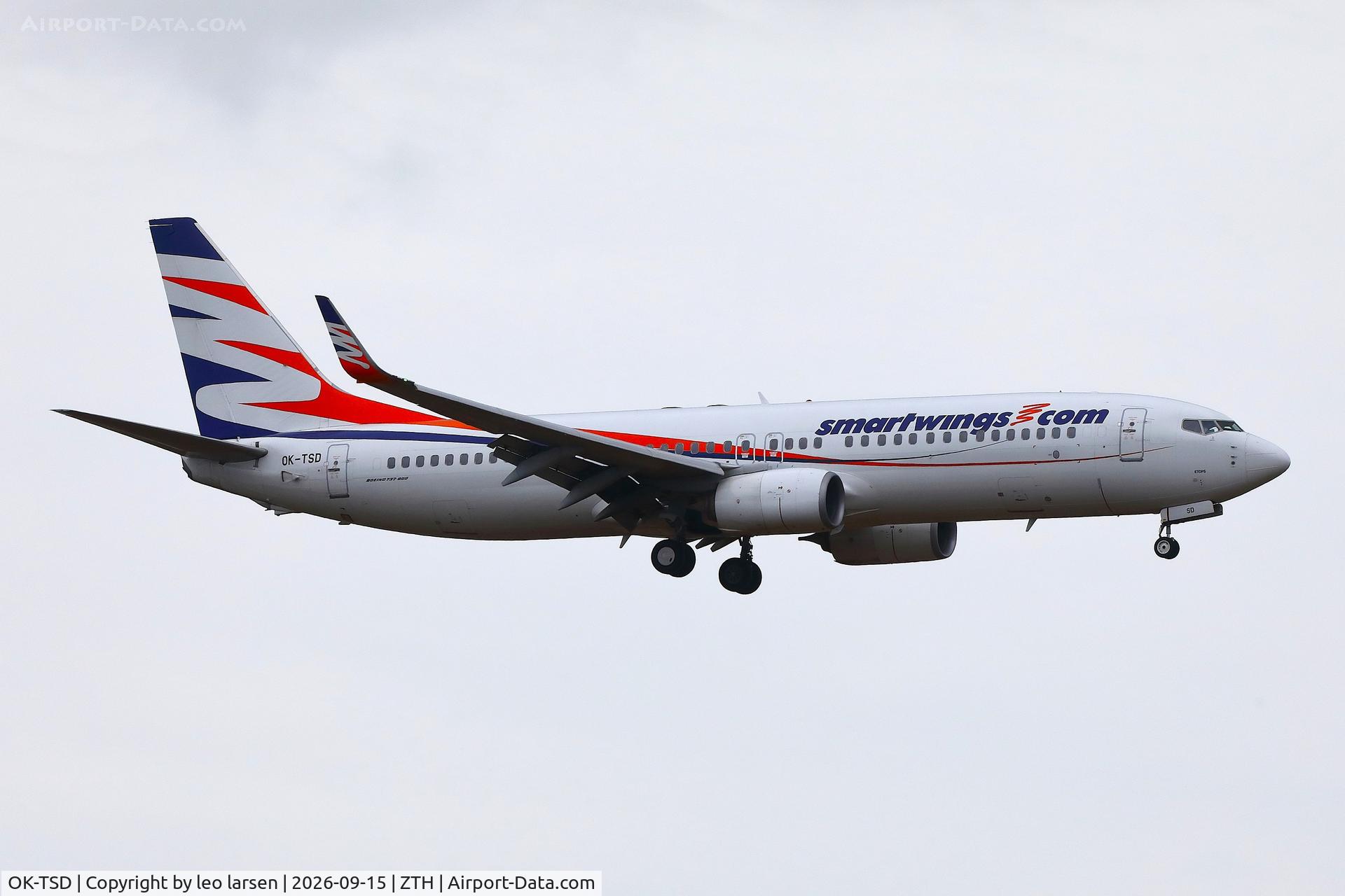Aircraft OK-TSD, 2014 Boeing 737-8Q8, c/n 41795 l/n 4895, Zakynthos 15.9.2026, at ZTH, photo by leo larsen