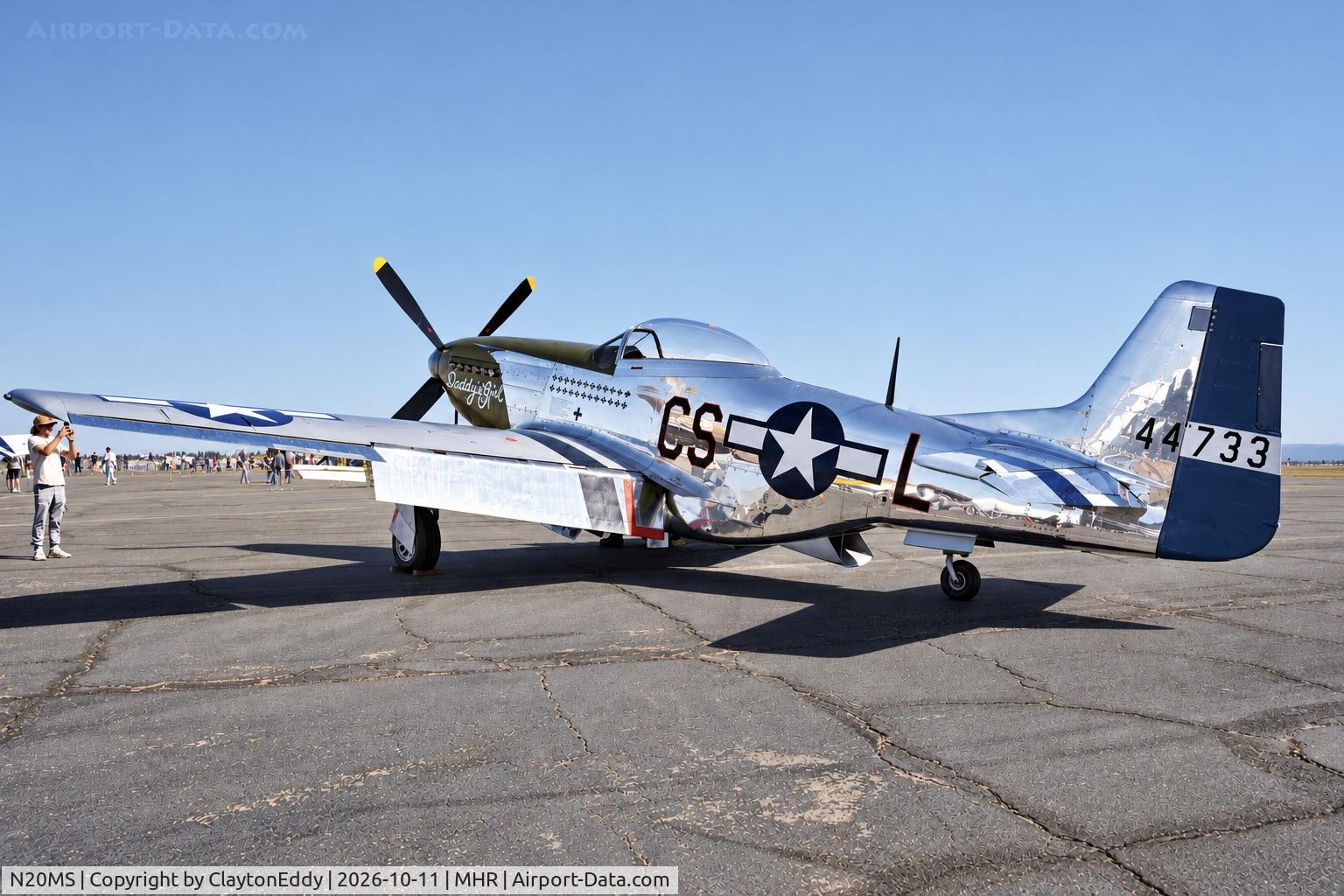 Aircraft N20MS, 1944 North American P-51D Mustang, c/n 122-31533, California Capital Airshow 2026, at MHR, photo by ClaytonEddy